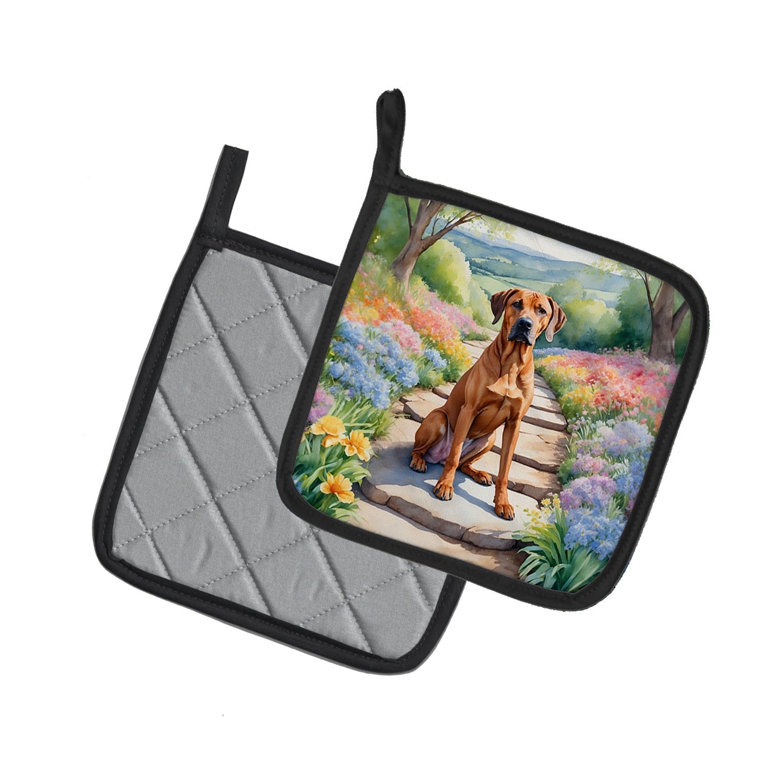 Rhodesian Ridgeback Spring Path Pot Holder Set of 2 Heat Resistant Quilted Hot Pads 7.5 x 7.5 Inch, Insulated Kitchen Trivets for Cooking & Baking