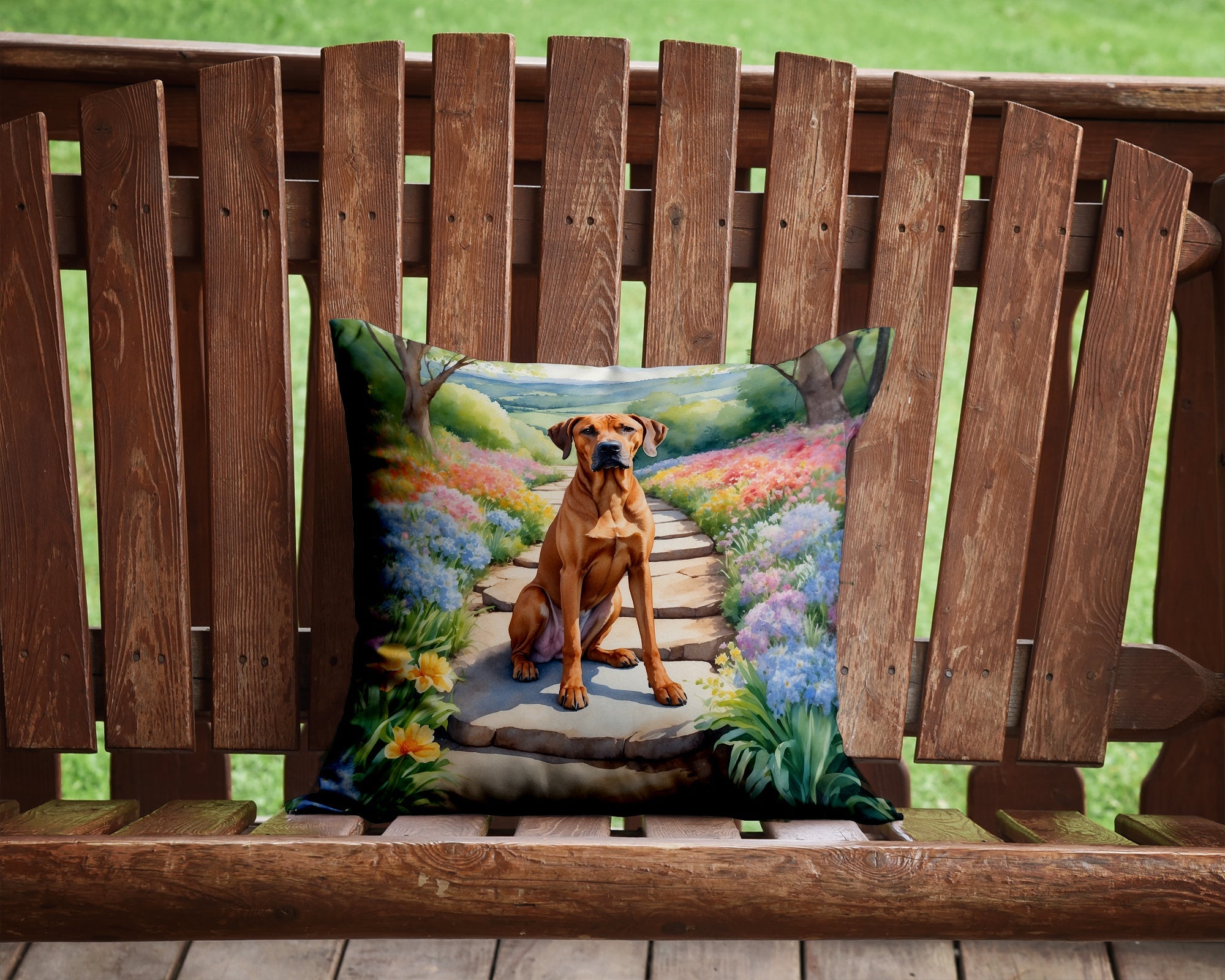 Rhodesian Ridgeback Spring Path Decorative Throw Pillow 14x14 Indoor Outdoor Accent Cushion, Fabric Cover with Insert for Sofa, Bed, Porch & Living Room