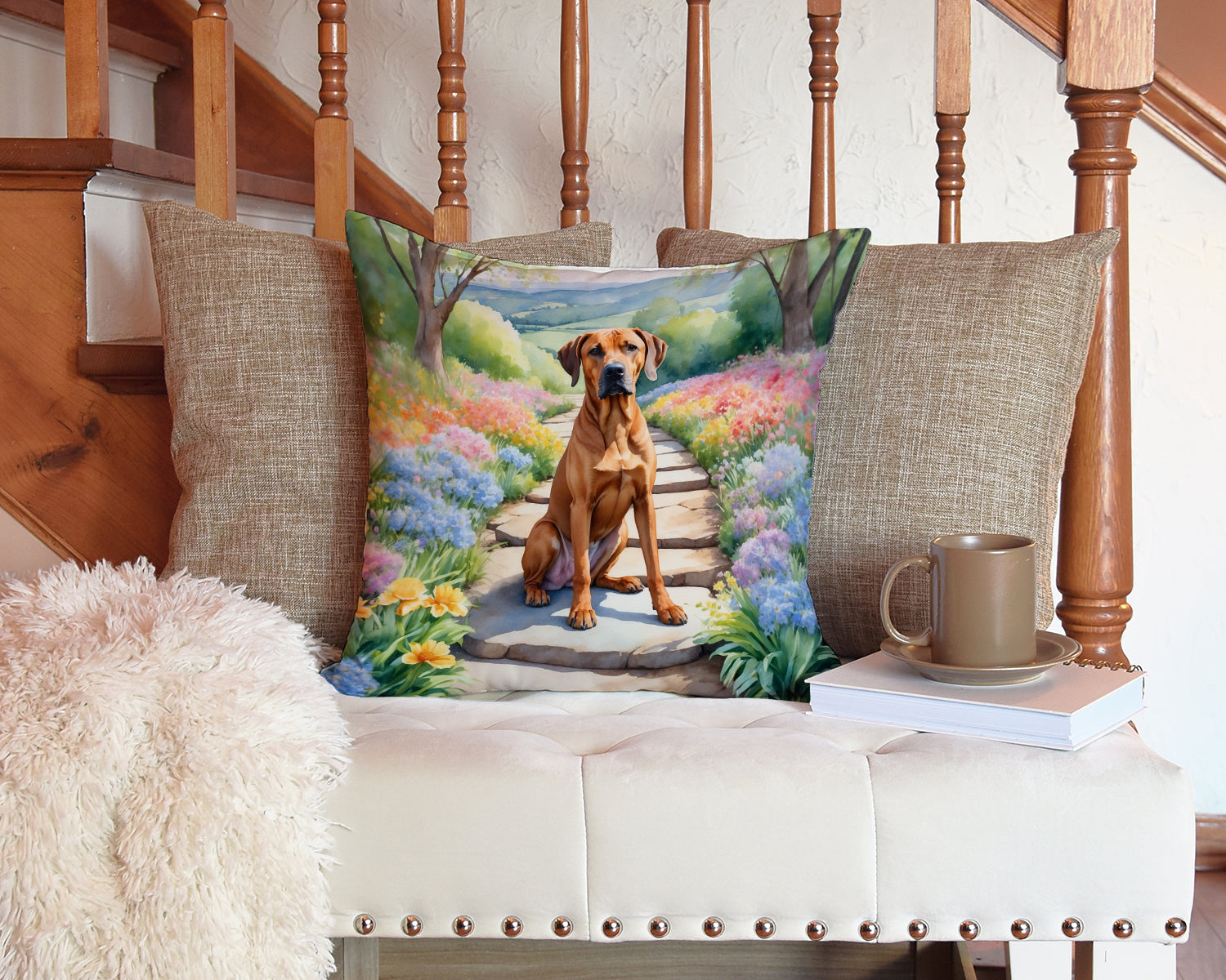 Rhodesian Ridgeback Spring Path Decorative Throw Pillow 14x14 Indoor Outdoor Accent Cushion, Fabric Cover with Insert for Sofa, Bed, Porch & Living Room