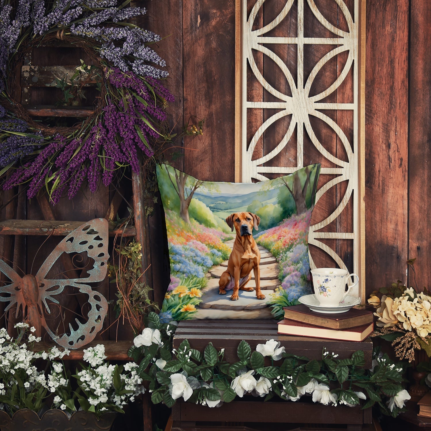Rhodesian Ridgeback Spring Path Decorative Throw Pillow 14x14 Indoor Outdoor Accent Cushion, Fabric Cover with Insert for Sofa, Bed, Porch & Living Room