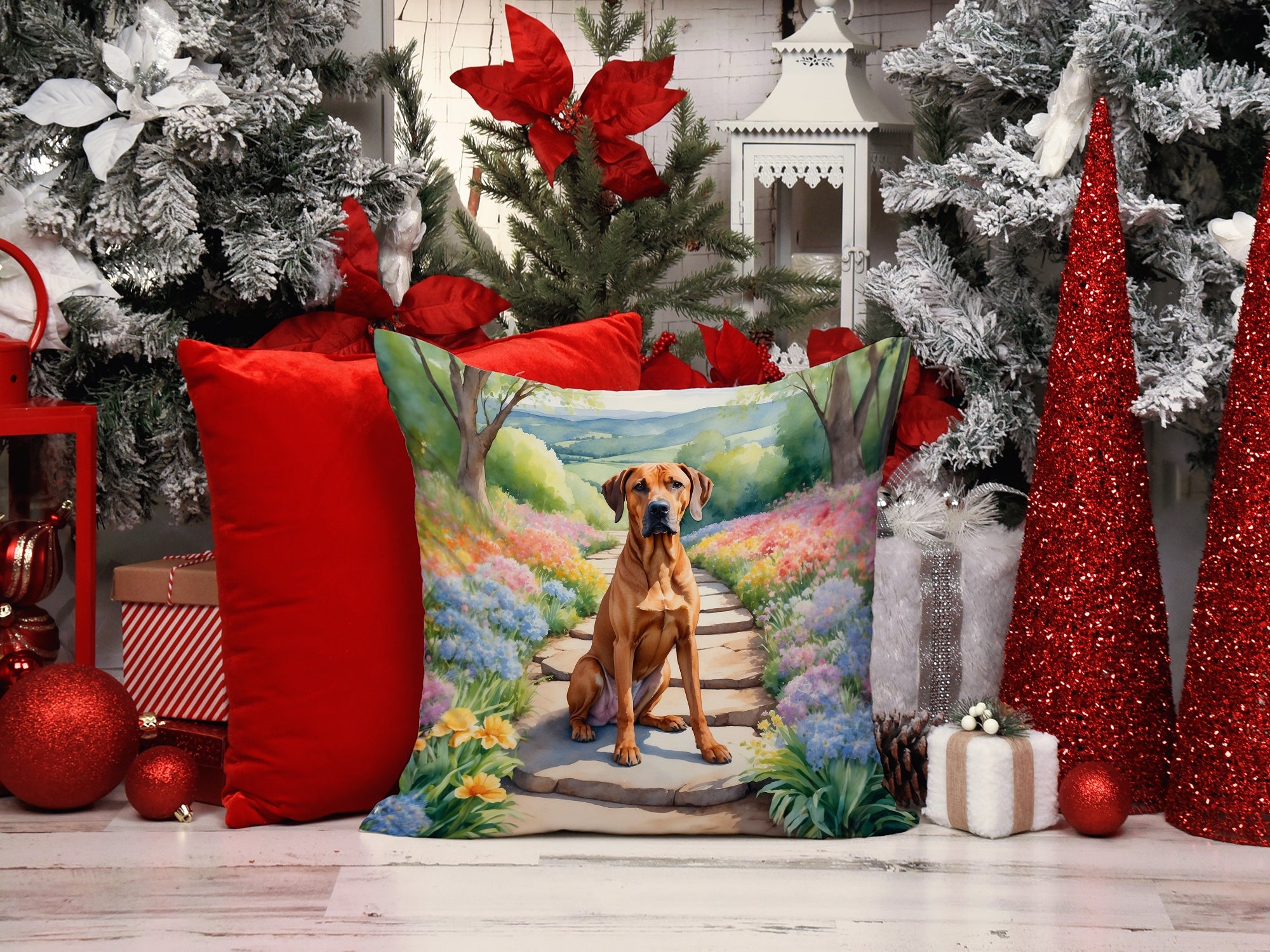 Rhodesian Ridgeback Spring Path Decorative Throw Pillow 14x14 Indoor Outdoor Accent Cushion, Fabric Cover with Insert for Sofa, Bed, Porch & Living Room