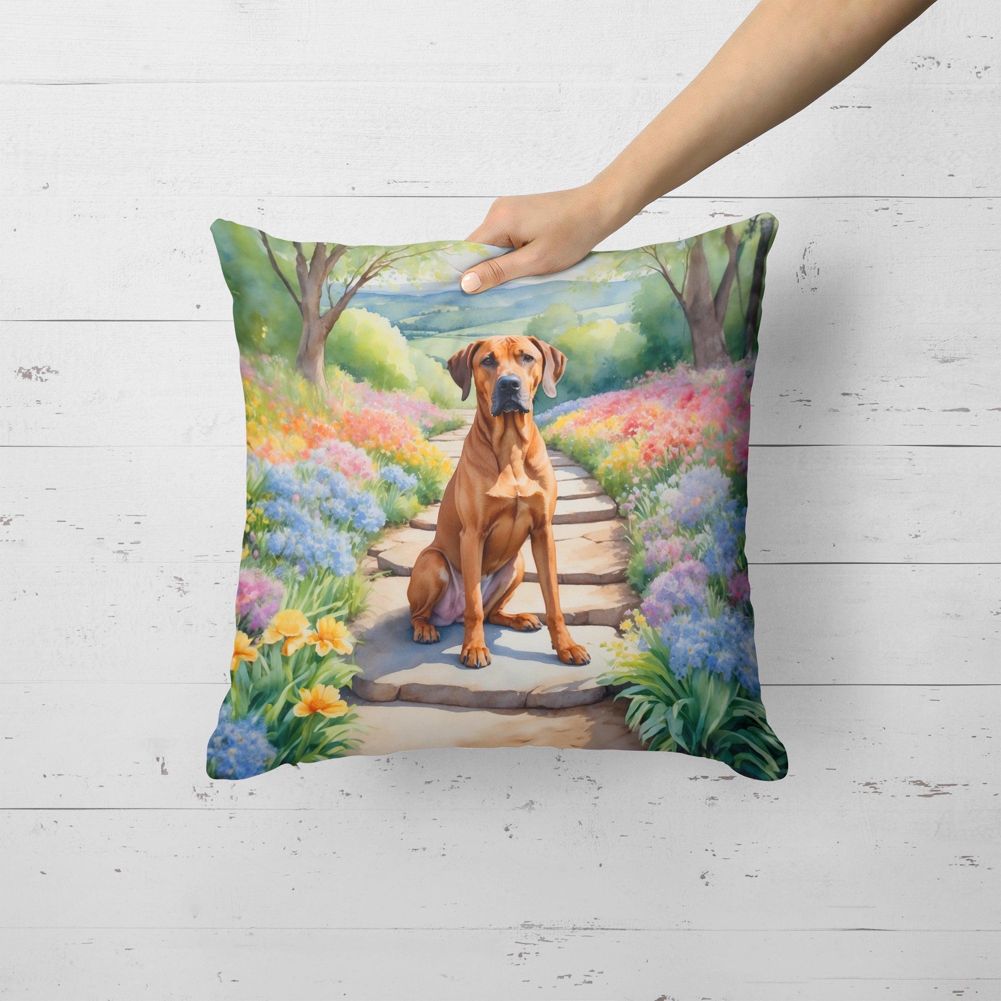 Rhodesian Ridgeback Spring Path Decorative Throw Pillow 18x18 Indoor Outdoor Accent Cushion, Fabric Cover with Insert for Sofa, Bed, Porch & Living Room