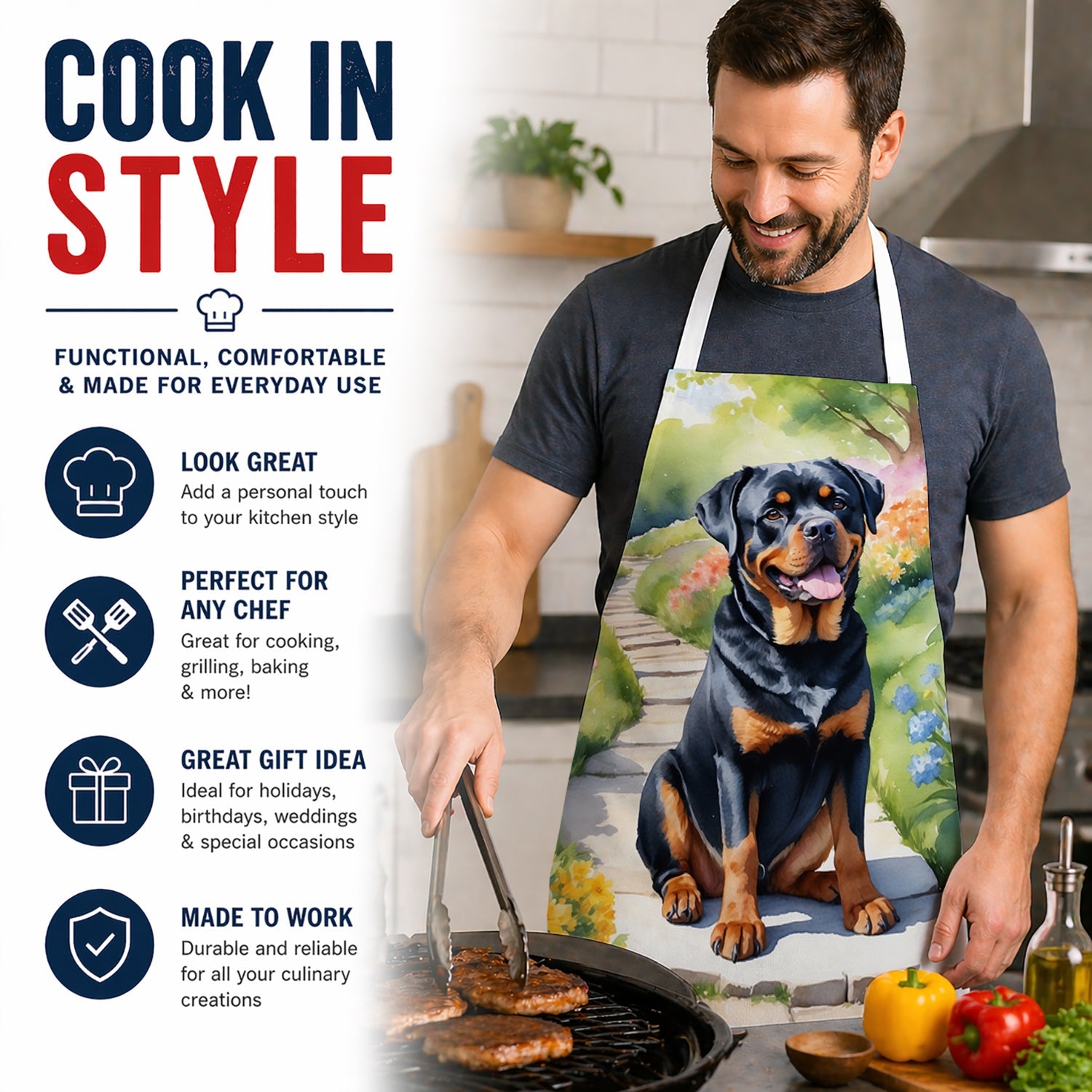 Rottweiler Spring Path Apron Cooking Kitchen Server Baking Crafts Gardening for Adult Women Men, Unisex, Large, Multicolor