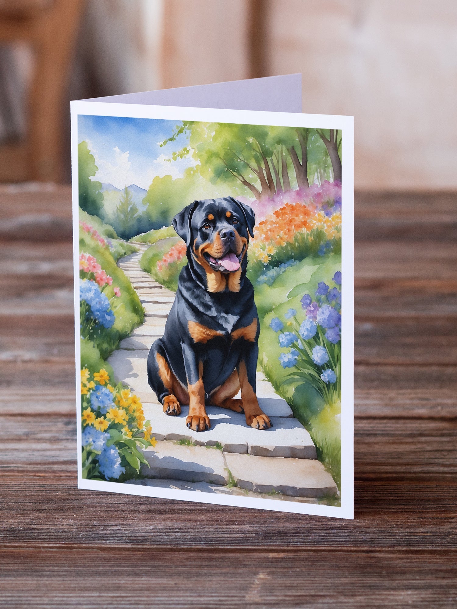 Rottweiler Spring Path Greeting Cards Pack of 8 Blank Cards with Envelopes Whimsical A7 Size 5x7