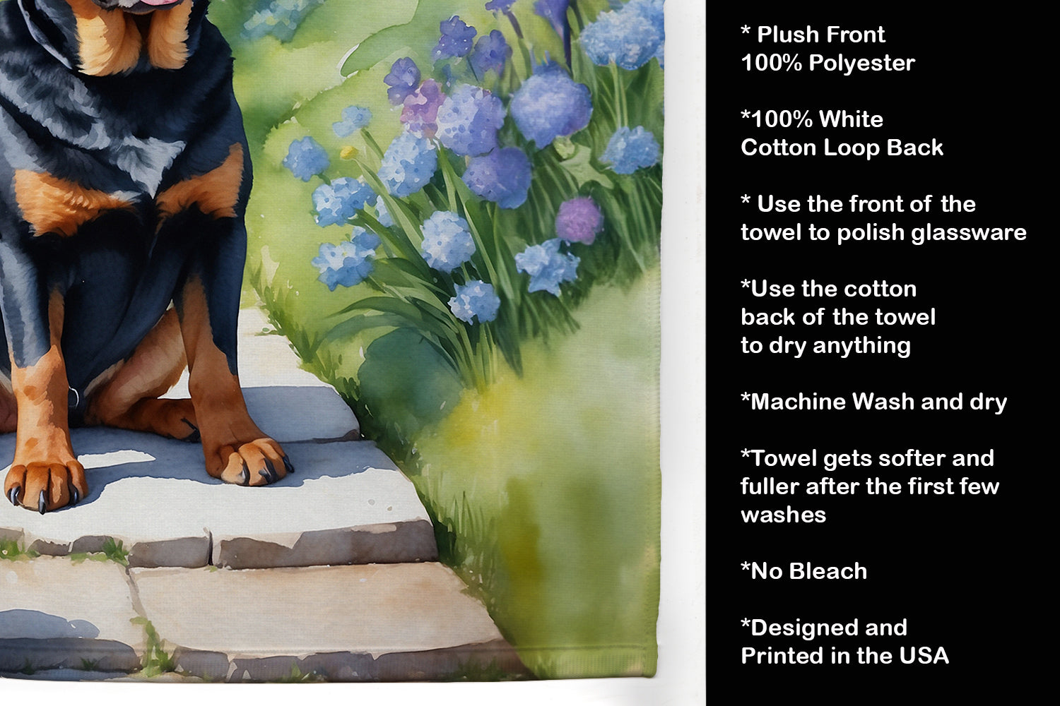 Rottweiler Spring Path Kitchen Towel Velour Plush Front and Cotton Loop Back Machine Washable