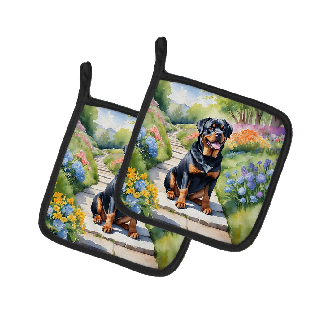 Rottweiler Spring Path Pot Holder Set of 2 Heat Resistant Quilted Hot Pads 7.5 x 7.5 Inch, Insulated Kitchen Trivets for Cooking & Baking