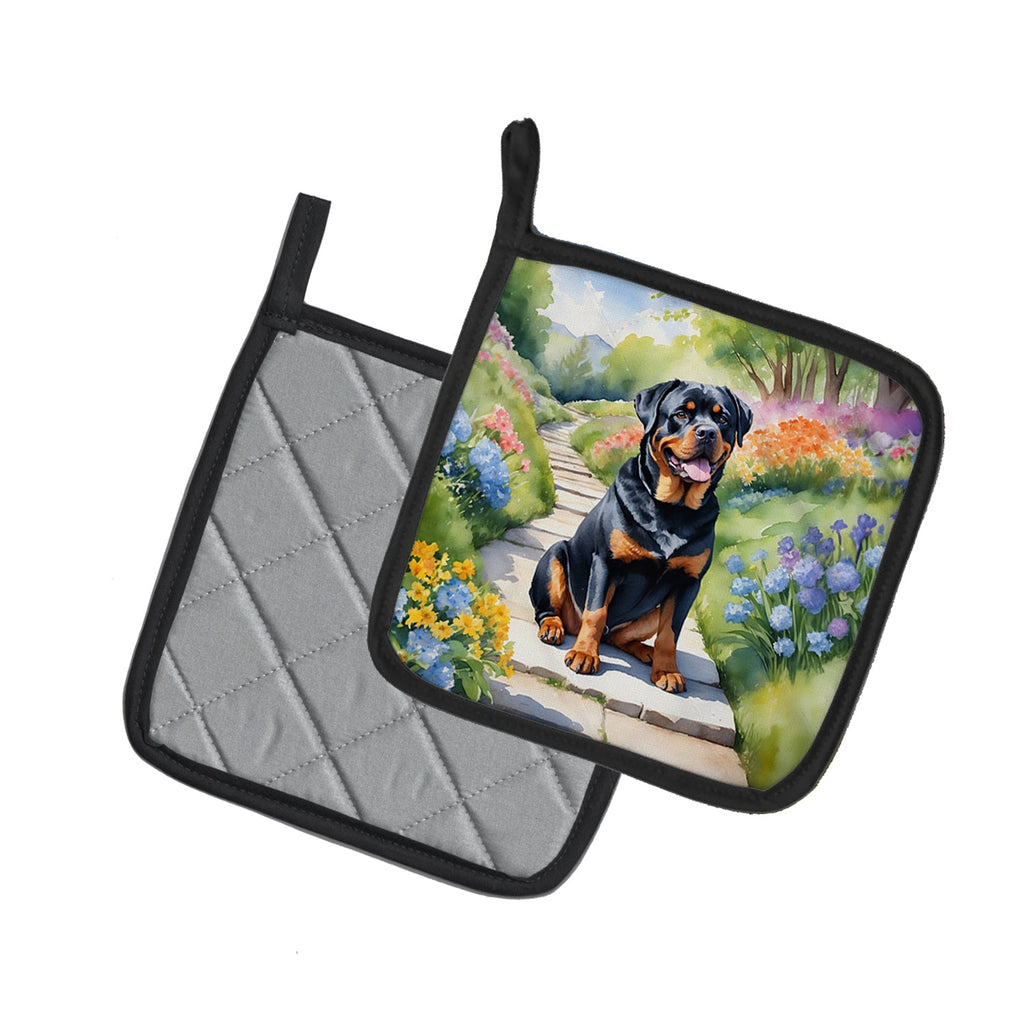 Rottweiler Spring Path Pot Holder Set of 2 Heat Resistant Quilted Hot Pads 7.5 x 7.5 Inch, Insulated Kitchen Trivets for Cooking & Baking