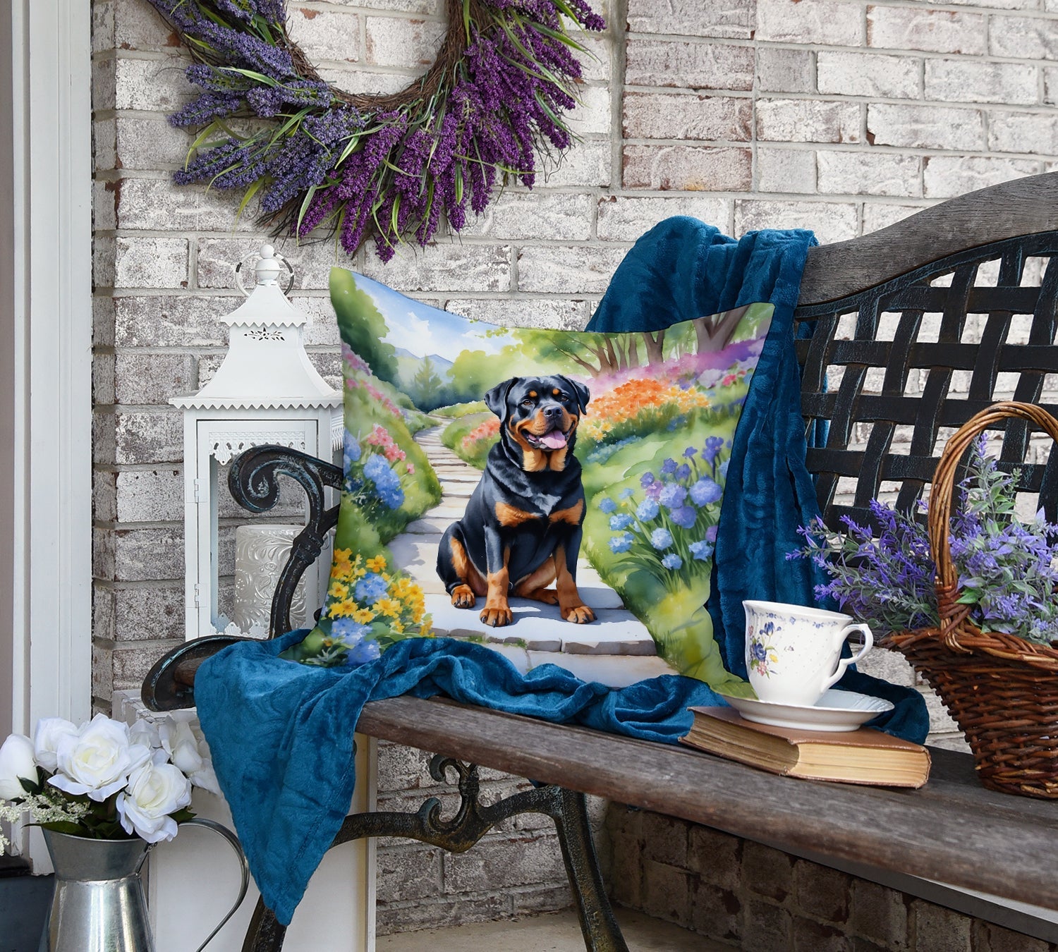 Rottweiler Spring Path Decorative Throw Pillow 18x18 Indoor Outdoor Accent Cushion, Fabric Cover with Insert for Sofa, Bed, Porch & Living Room
