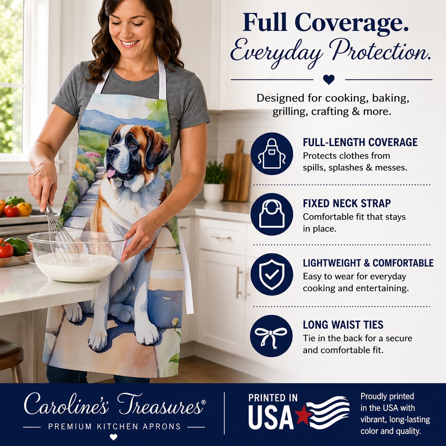 Saint Bernard Spring Path Apron Cooking Kitchen Server Baking Crafts Gardening for Adult Women Men, Unisex, Large, Multicolor