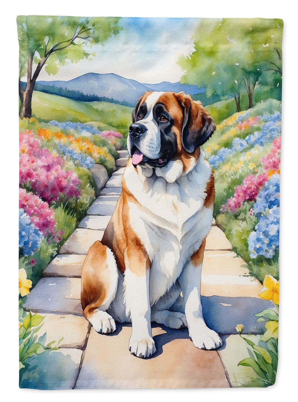 Saint Bernard Spring Path House Flag 28x40 Porch Sleeve Pole Decorative Outside Yard Banner Artwork Wall Hanging, Polyester