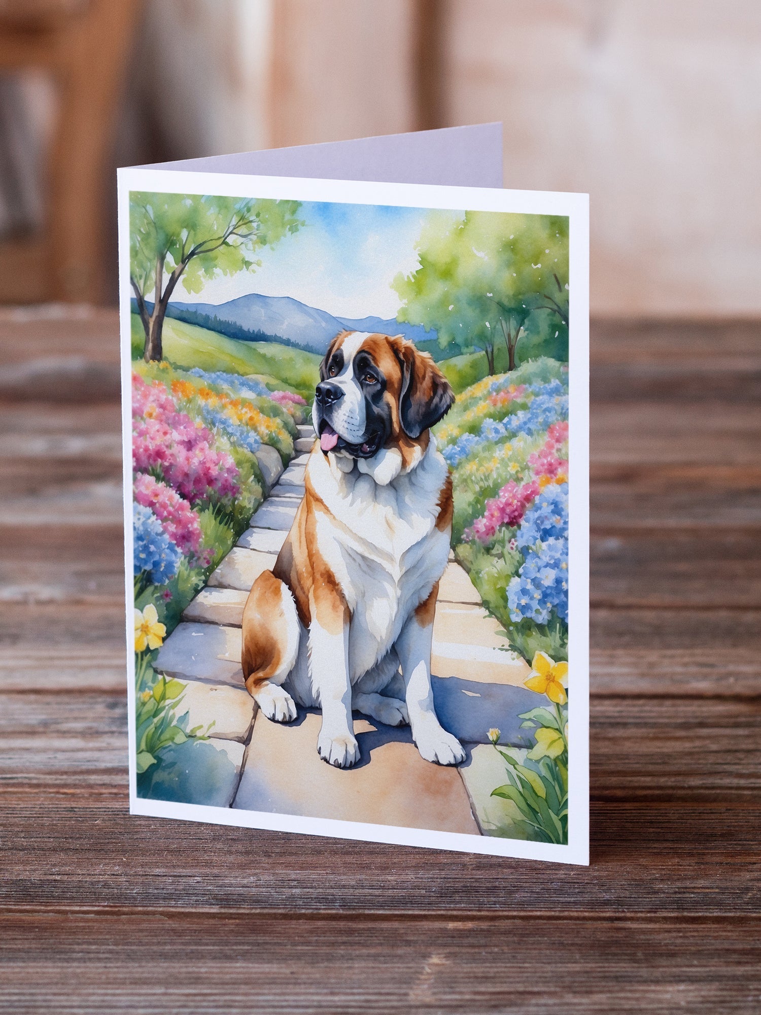 Saint Bernard Spring Path Greeting Cards Pack of 8 Blank Cards with Envelopes Whimsical A7 Size 5x7