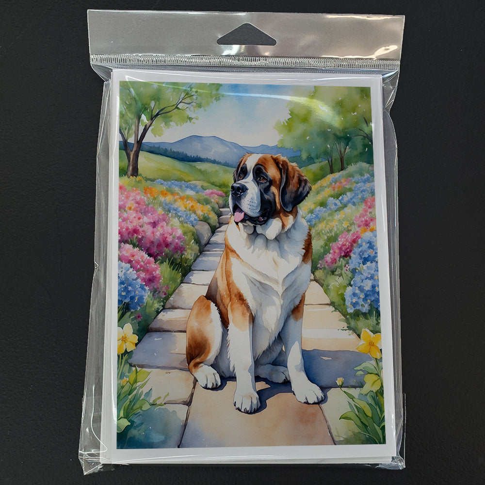 Saint Bernard Spring Path Greeting Cards Pack of 8 Blank Cards with Envelopes Whimsical A7 Size 5x7