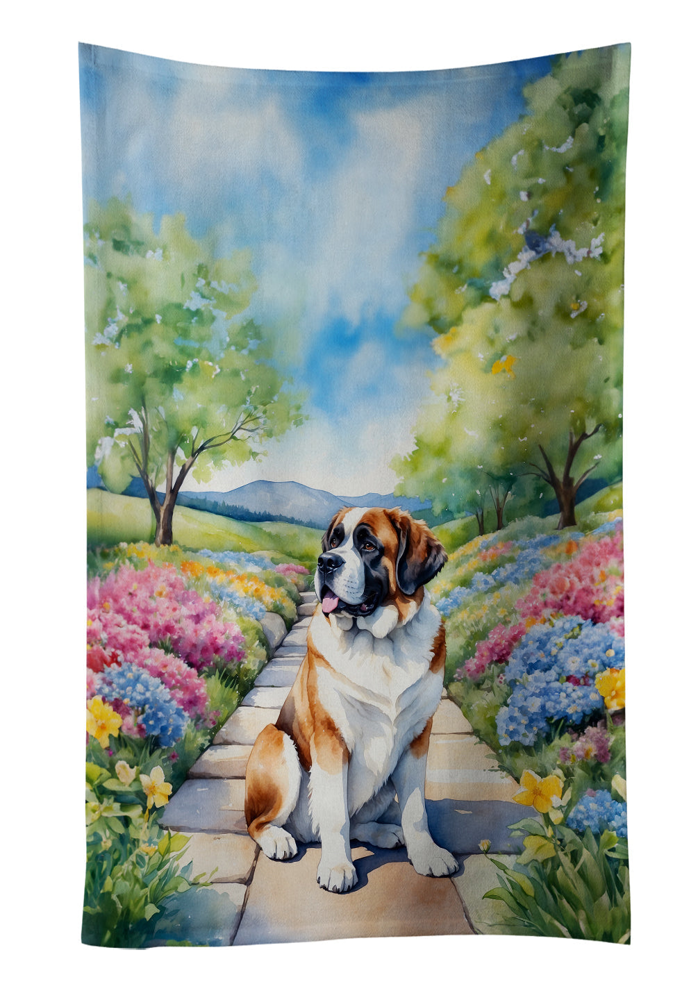 Saint Bernard Spring Path Kitchen Towel Velour Plush Front and Cotton Loop Back Machine Washable