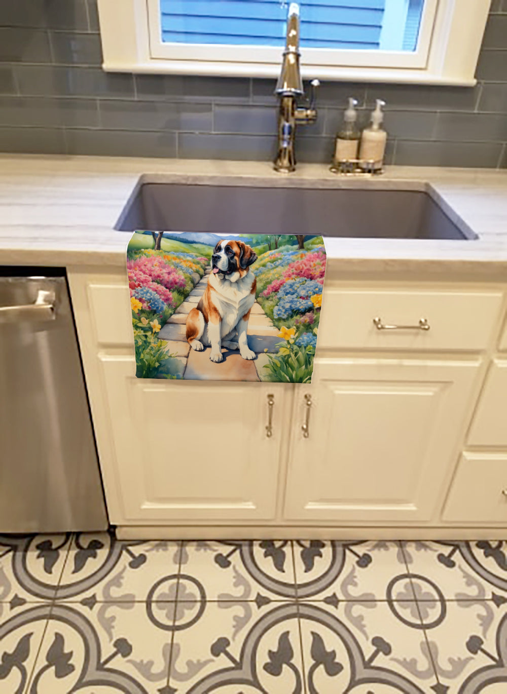 Saint Bernard Spring Path Kitchen Towel Velour Plush Front and Cotton Loop Back Machine Washable