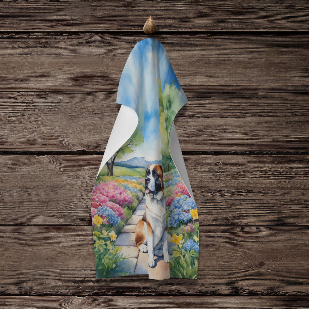 Saint Bernard Spring Path Kitchen Towel Velour Plush Front and Cotton Loop Back Machine Washable