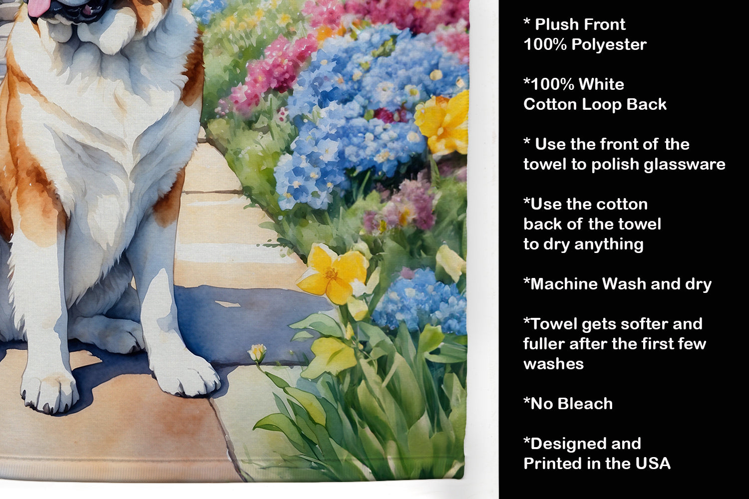 Saint Bernard Spring Path Kitchen Towel Velour Plush Front and Cotton Loop Back Machine Washable