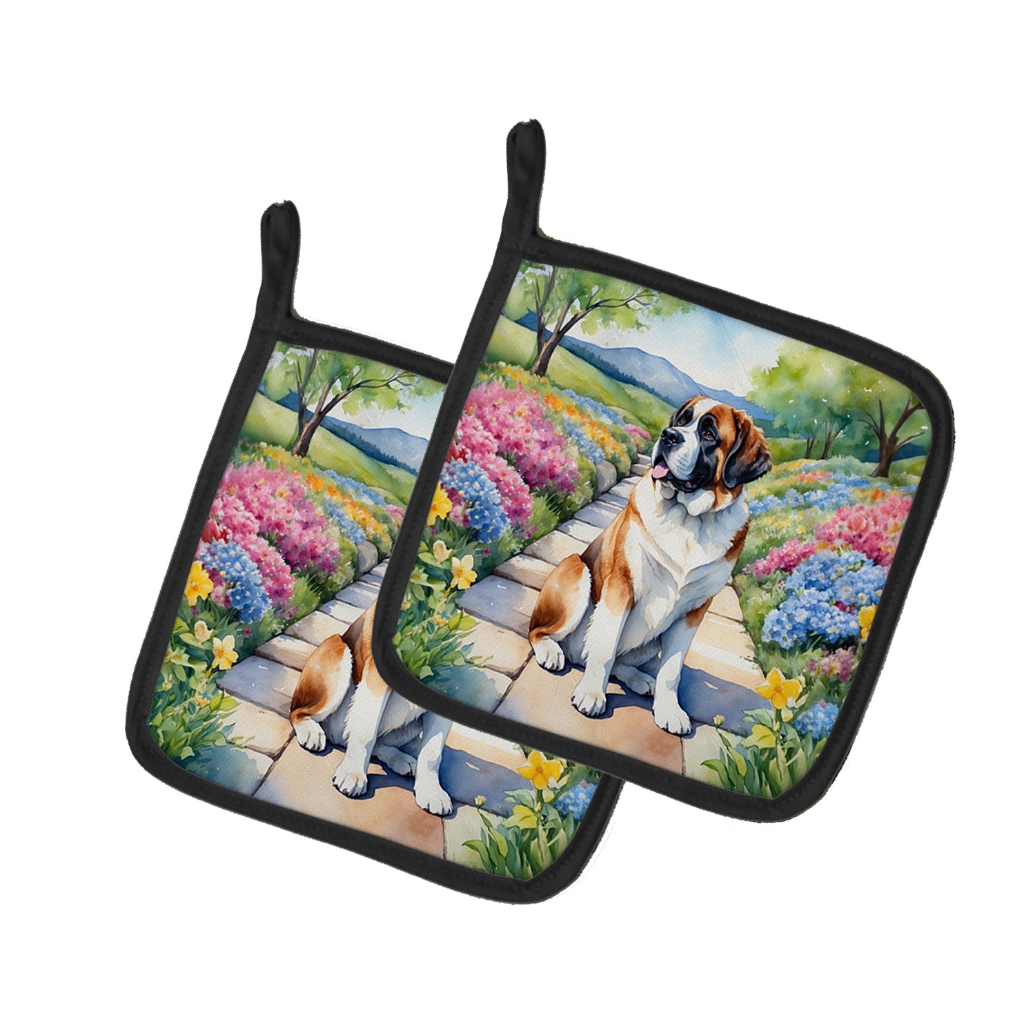 Saint Bernard Spring Path Pot Holder Set of 2 Heat Resistant Quilted Hot Pads 7.5 x 7.5 Inch, Insulated Kitchen Trivets for Cooking & Baking