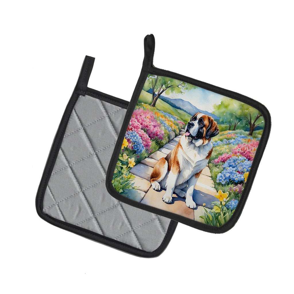 Saint Bernard Spring Path Pot Holder Set of 2 Heat Resistant Quilted Hot Pads 7.5 x 7.5 Inch, Insulated Kitchen Trivets for Cooking & Baking