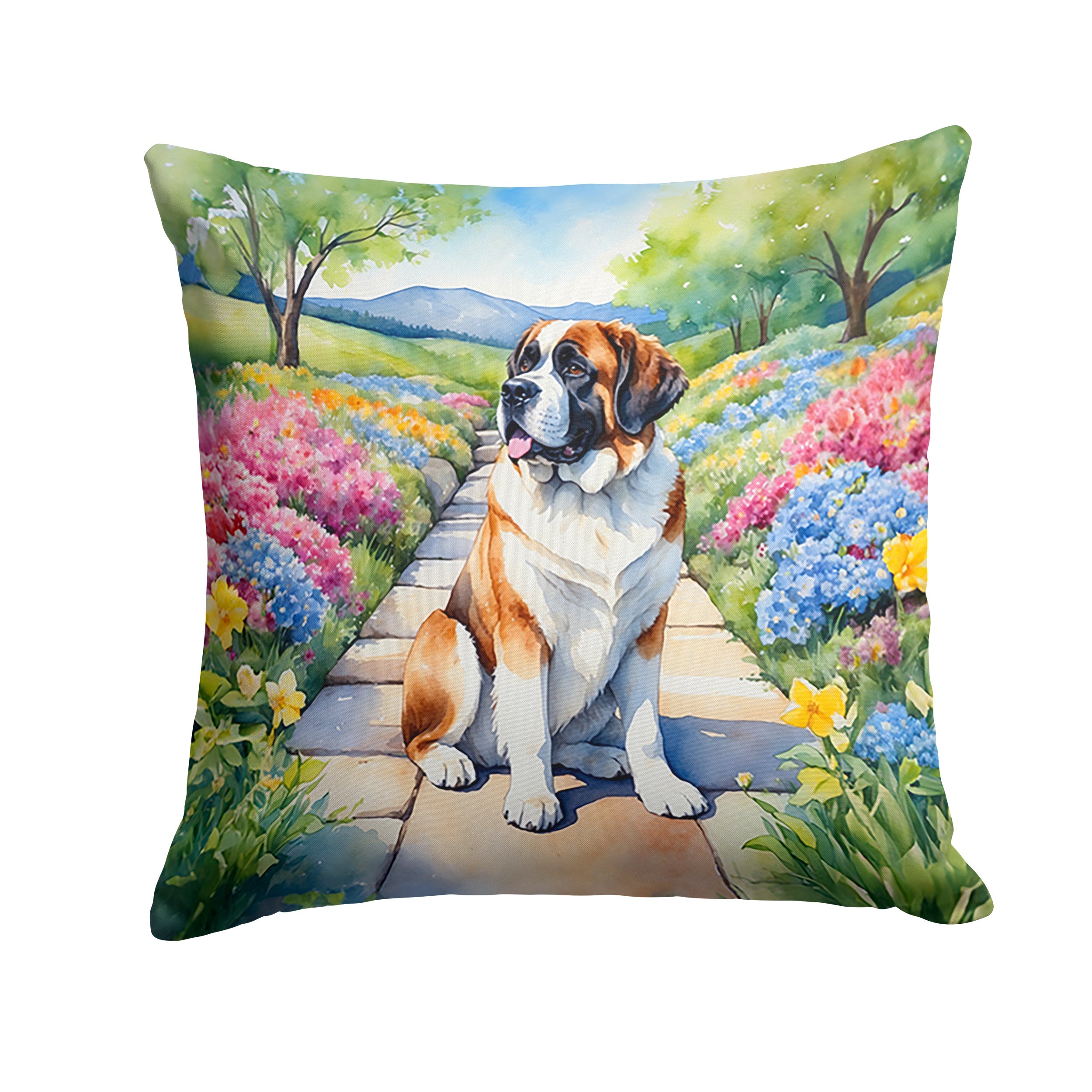 Saint Bernard Spring Path Decorative Throw Pillow 14x14 Indoor Outdoor Accent Cushion, Fabric Cover with Insert for Sofa, Bed, Porch & Living Room