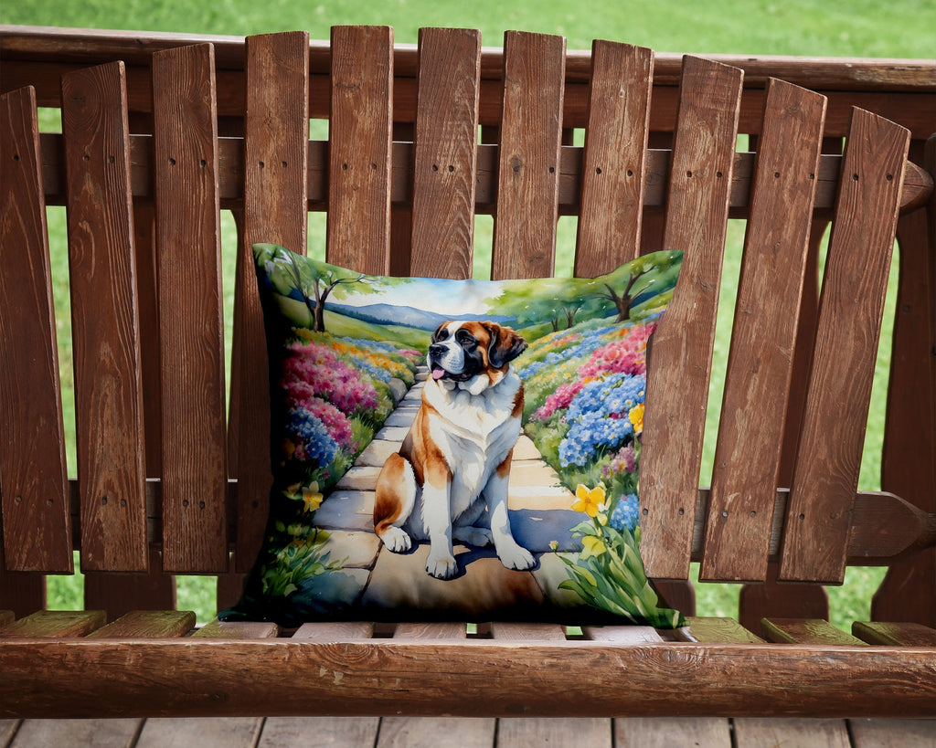 Saint Bernard Spring Path Decorative Throw Pillow 14x14 Indoor Outdoor Accent Cushion, Fabric Cover with Insert for Sofa, Bed, Porch & Living Room