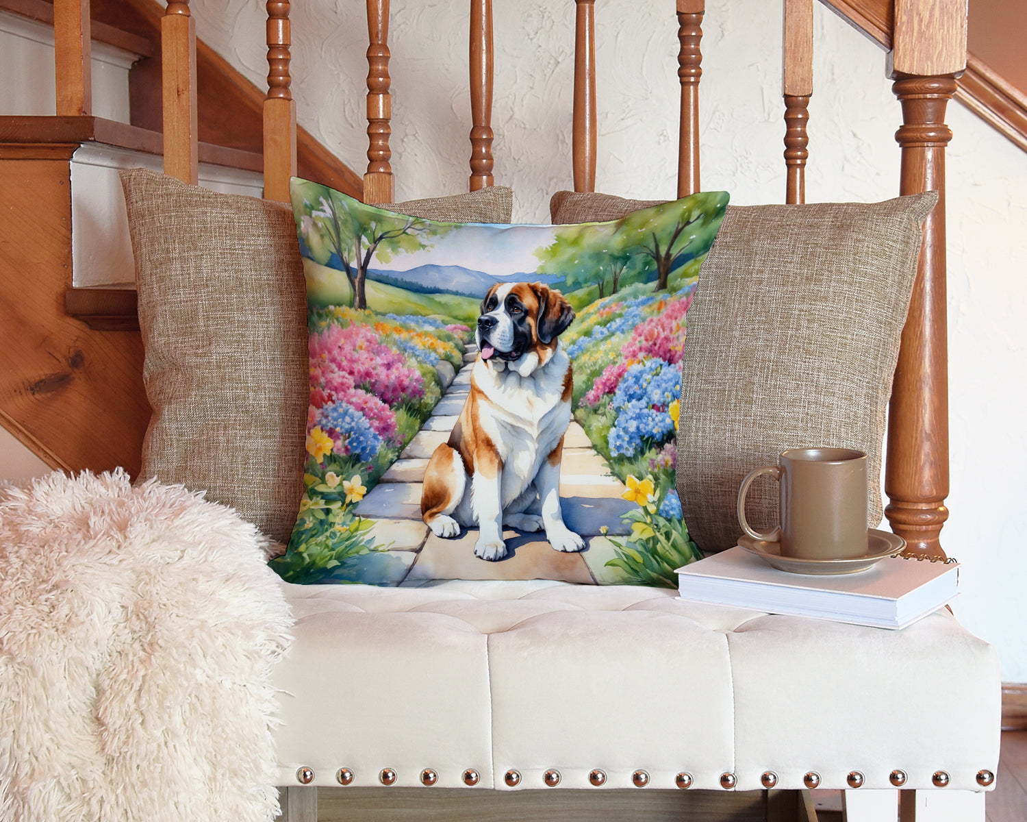 Saint Bernard Spring Path Decorative Throw Pillow 14x14 Indoor Outdoor Accent Cushion, Fabric Cover with Insert for Sofa, Bed, Porch & Living Room