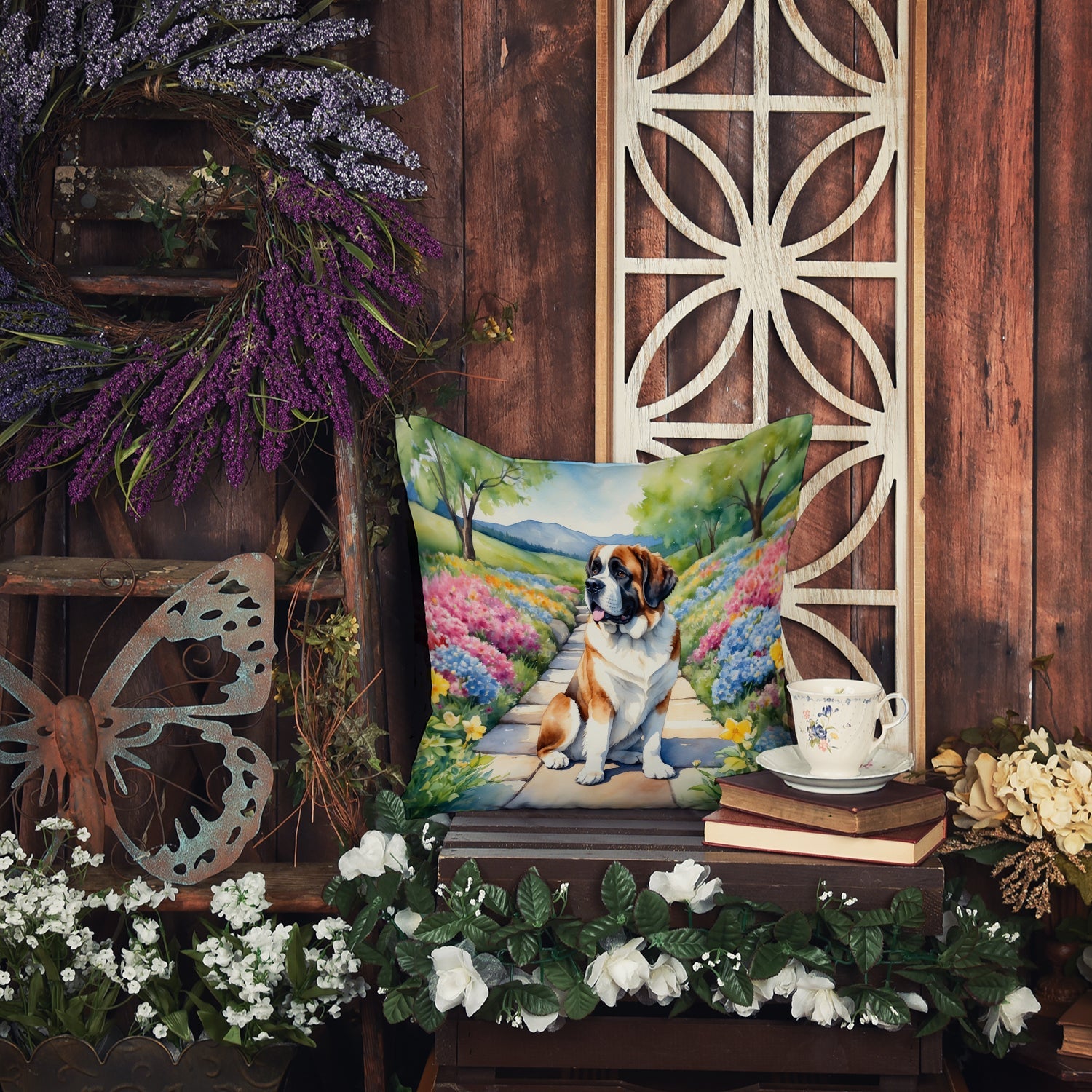 Saint Bernard Spring Path Decorative Throw Pillow 14x14 Indoor Outdoor Accent Cushion, Fabric Cover with Insert for Sofa, Bed, Porch & Living Room