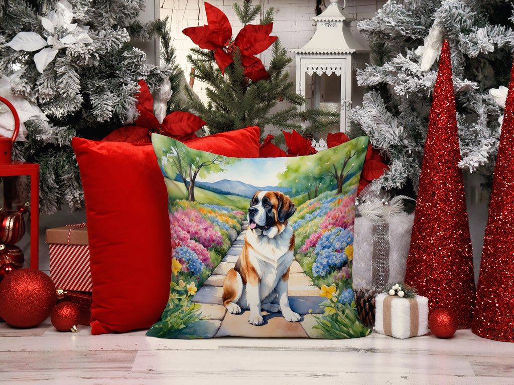 Saint Bernard Spring Path Decorative Throw Pillow 14x14 Indoor Outdoor Accent Cushion, Fabric Cover with Insert for Sofa, Bed, Porch & Living Room