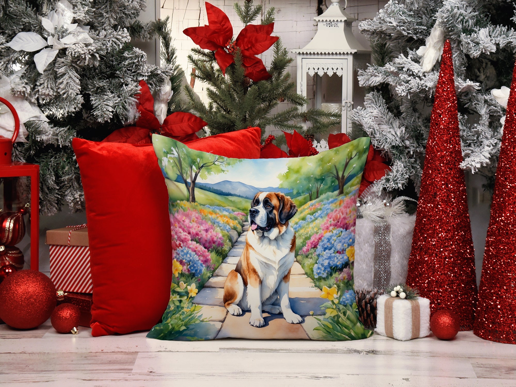 Saint Bernard Spring Path Decorative Throw Pillow 14x14 Indoor Outdoor Accent Cushion, Fabric Cover with Insert for Sofa, Bed, Porch & Living Room