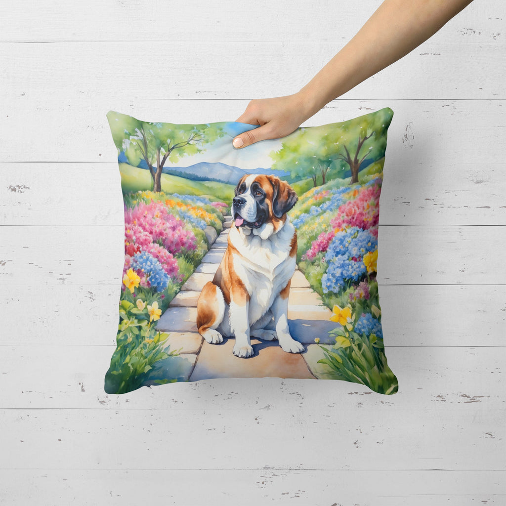 Saint Bernard Spring Path Decorative Throw Pillow 18x18 Indoor Outdoor Accent Cushion, Fabric Cover with Insert for Sofa, Bed, Porch & Living Room