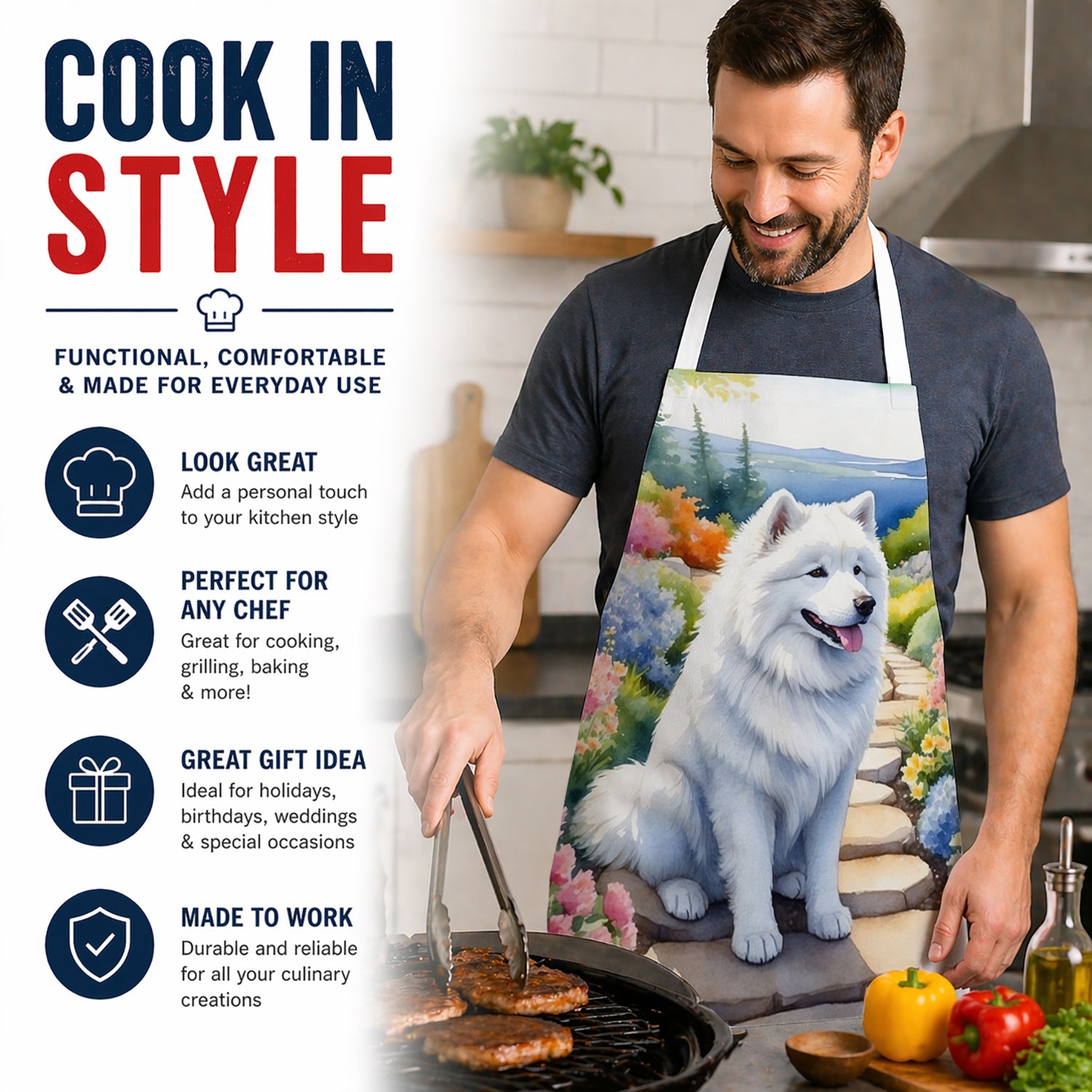 Samoyed Spring Path Apron Cooking Kitchen Server Baking Crafts Gardening for Adult Women Men, Unisex, Large, Multicolor