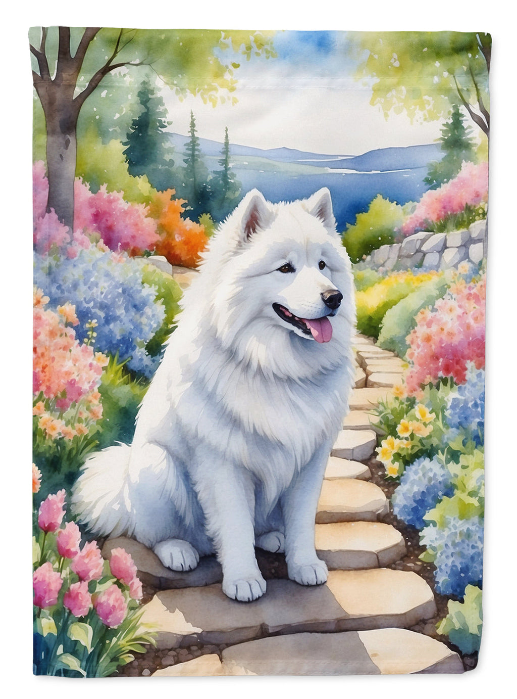 Samoyed Spring Path House Flag 28x40 Porch Sleeve Pole Decorative Outside Yard Banner Artwork Wall Hanging, Polyester
