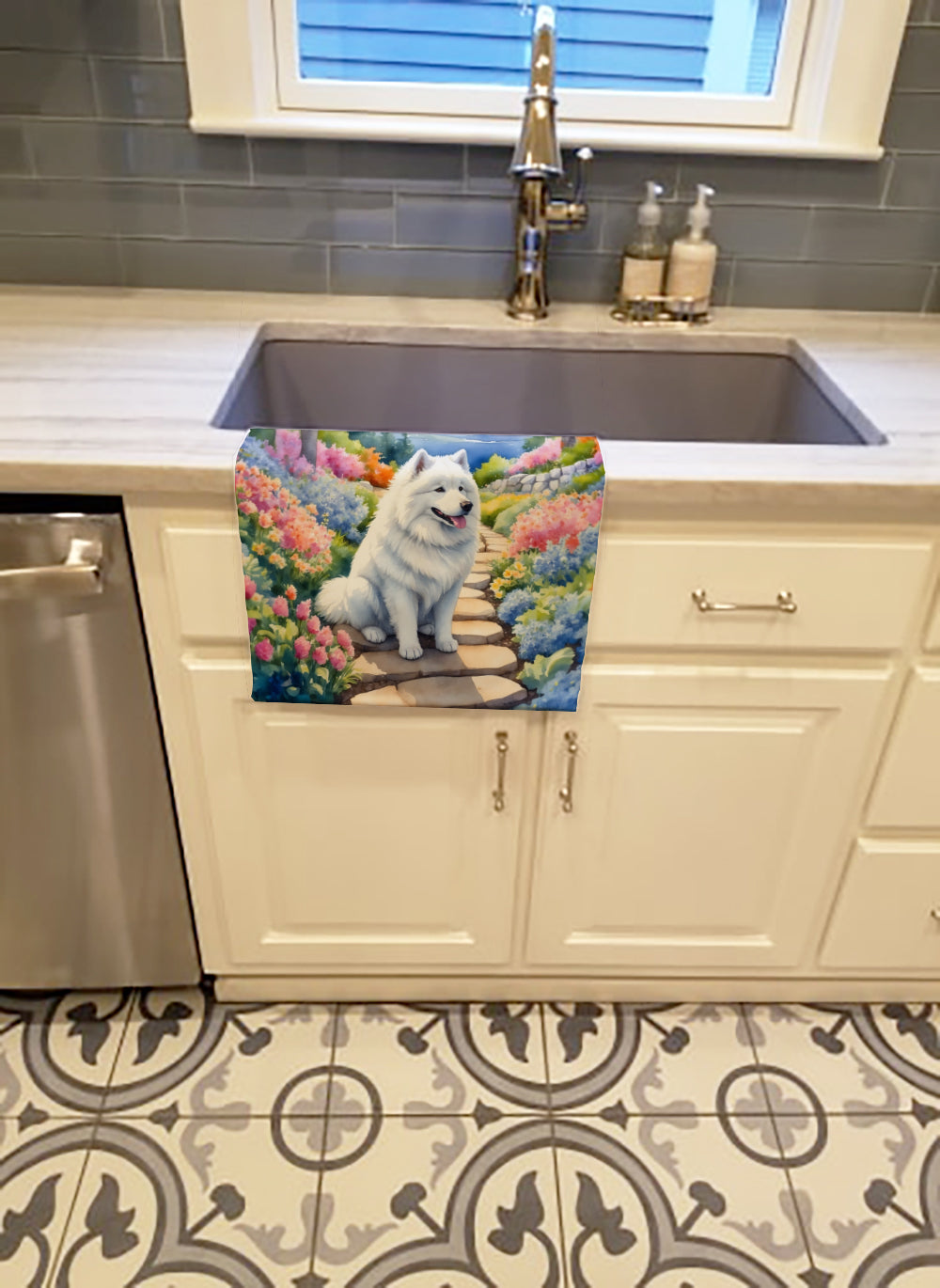 Samoyed Spring Path Kitchen Towel Velour Plush Front and Cotton Loop Back Machine Washable