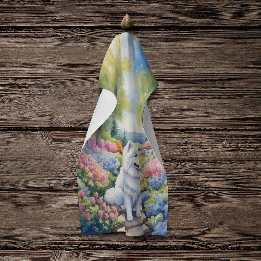 Samoyed Spring Path Kitchen Towel Velour Plush Front and Cotton Loop Back Machine Washable