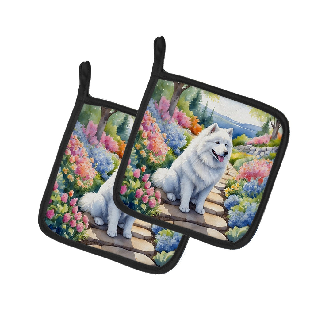 Samoyed Spring Path Pot Holder Set of 2 Heat Resistant Quilted Hot Pads 7.5 x 7.5 Inch, Insulated Kitchen Trivets for Cooking & Baking