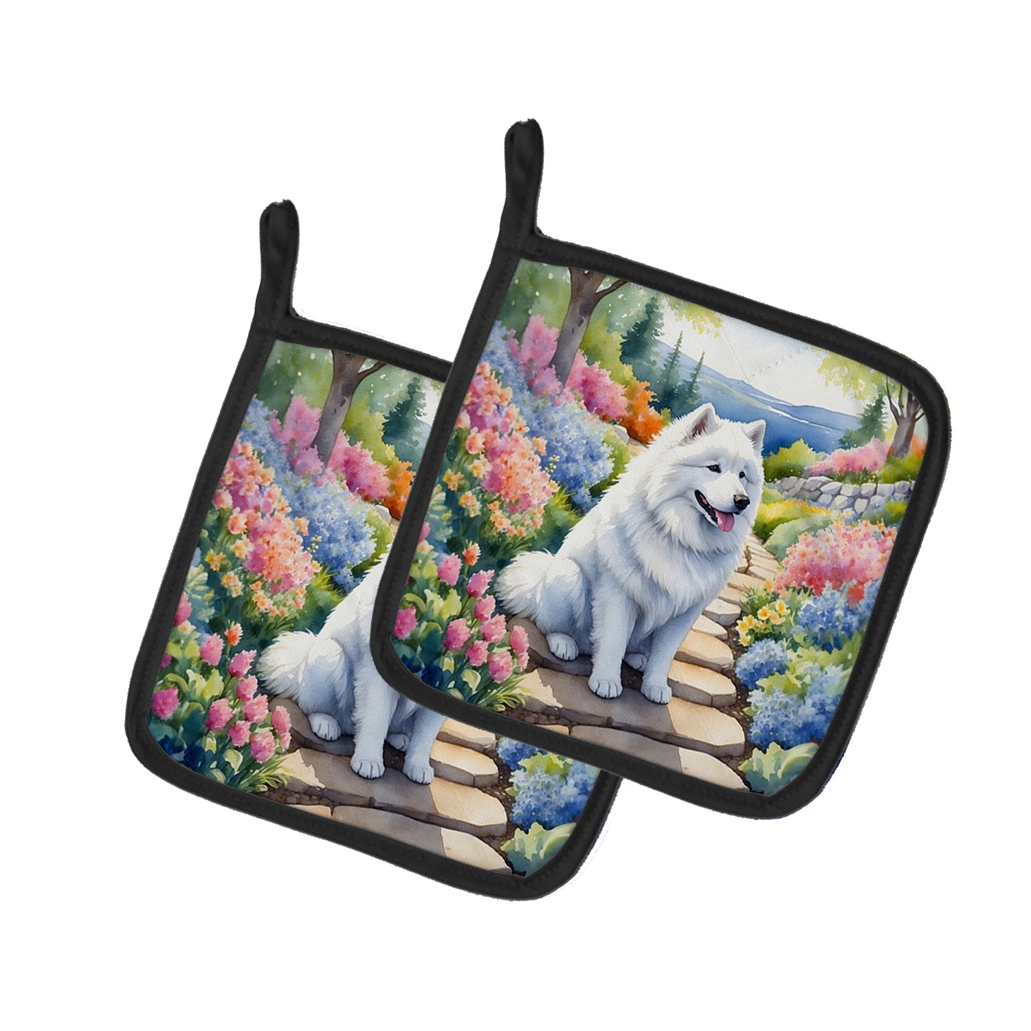 Samoyed Spring Path Pot Holder Set of 2 Heat Resistant Quilted Hot Pads 7.5 x 7.5 Inch, Insulated Kitchen Trivets for Cooking & Baking