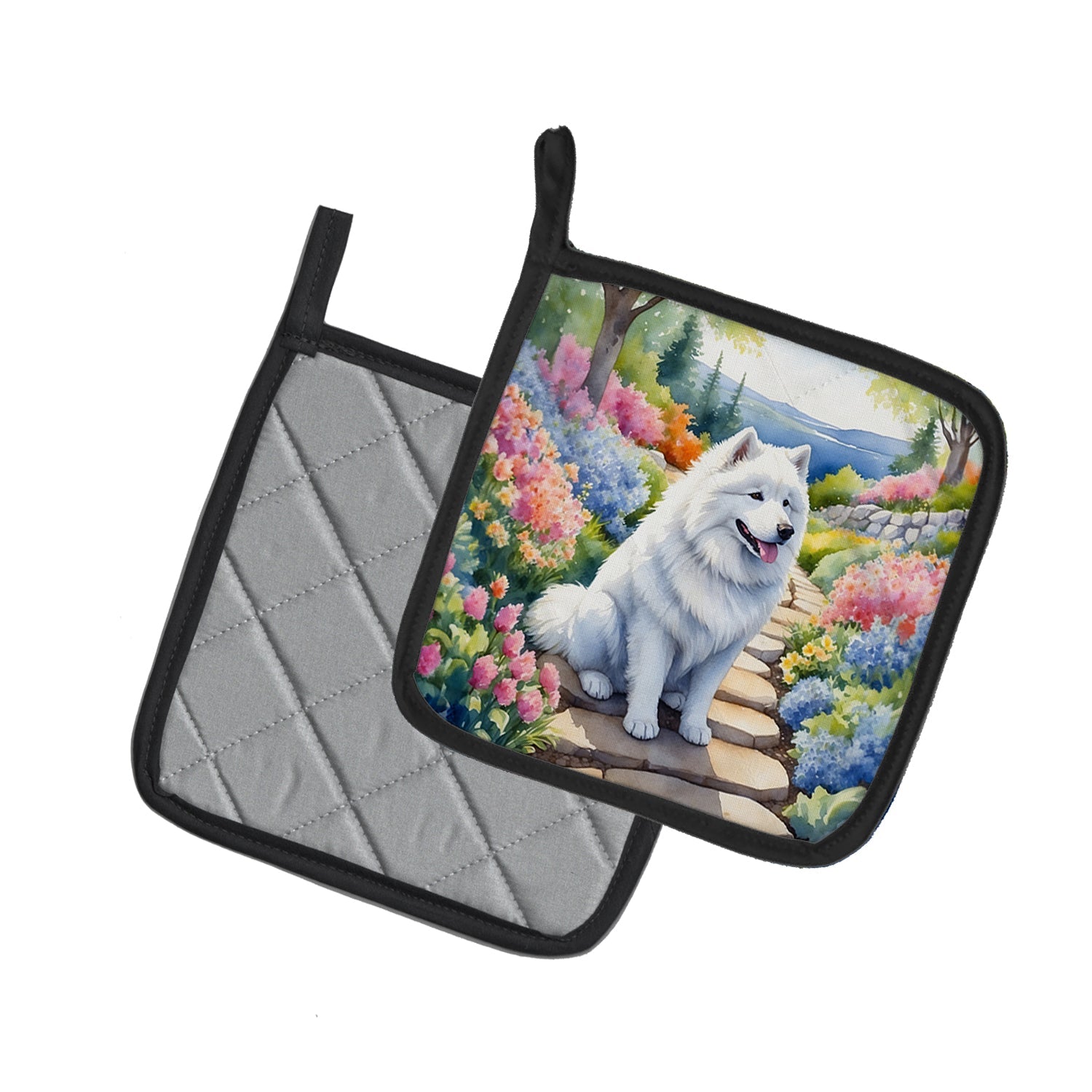 Samoyed Spring Path Pot Holder Set of 2 Heat Resistant Quilted Hot Pads 7.5 x 7.5 Inch, Insulated Kitchen Trivets for Cooking & Baking