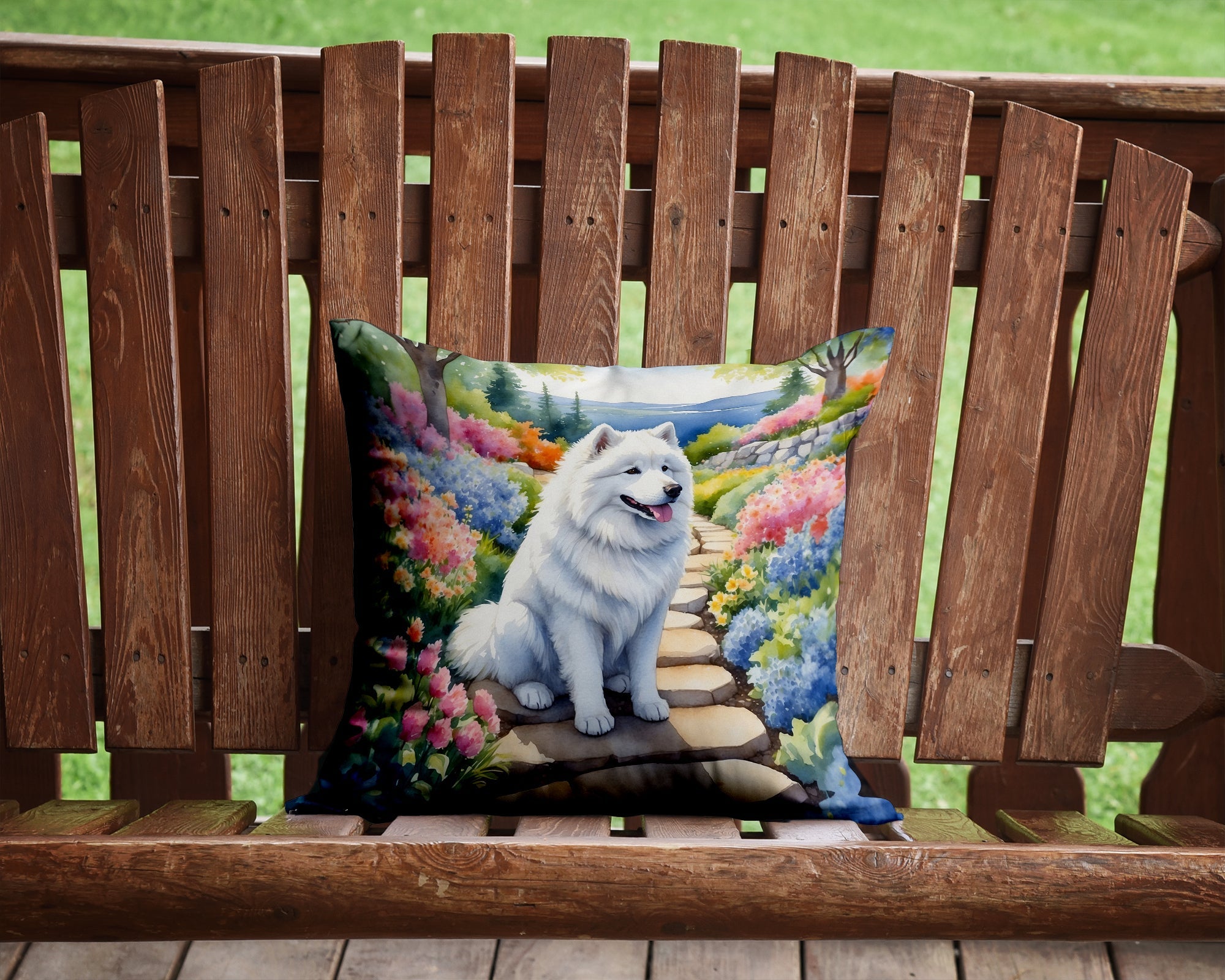 Samoyed Spring Path Decorative Throw Pillow 14x14 Indoor Outdoor Accent Cushion, Fabric Cover with Insert for Sofa, Bed, Porch & Living Room