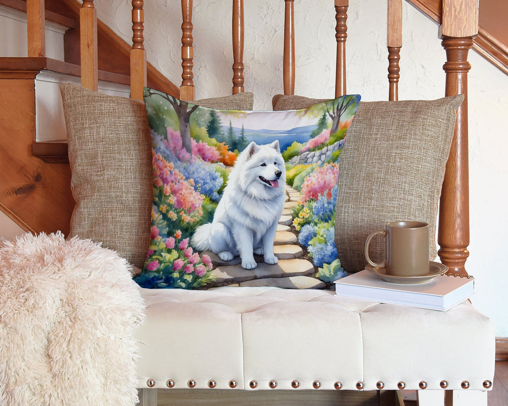 Samoyed Spring Path Decorative Throw Pillow 14x14 Indoor Outdoor Accent Cushion, Fabric Cover with Insert for Sofa, Bed, Porch & Living Room