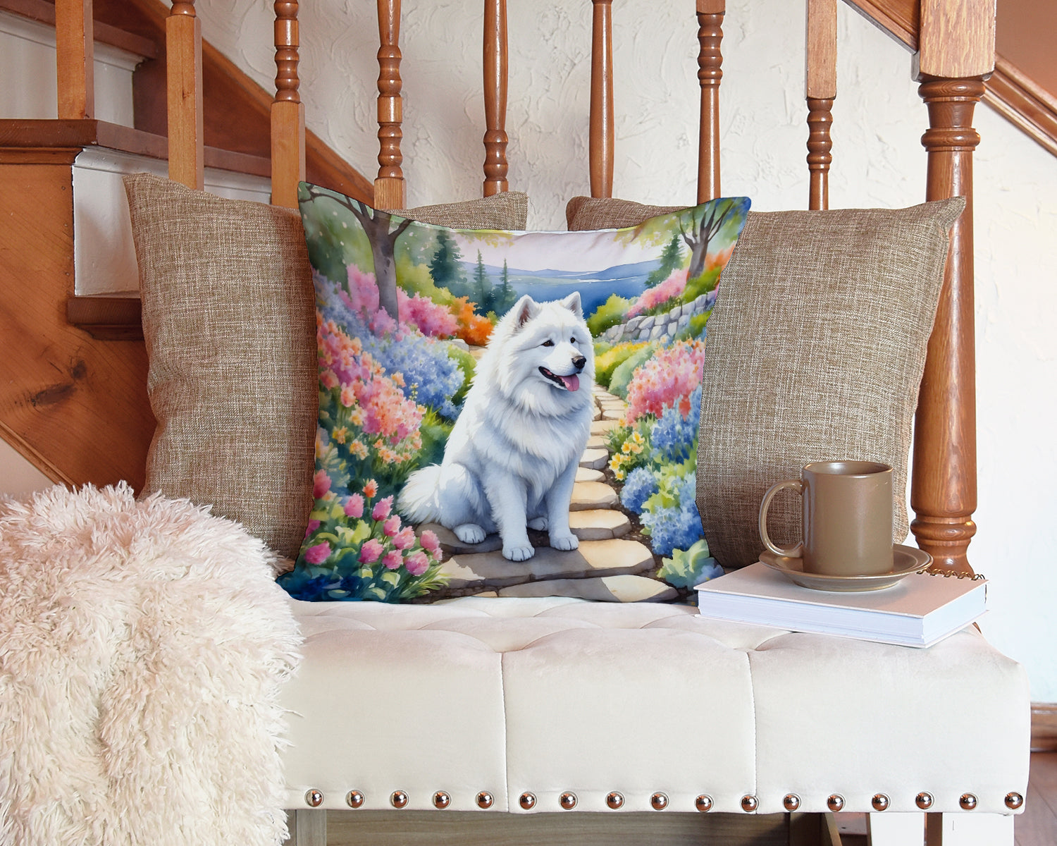 Samoyed Spring Path Decorative Throw Pillow 14x14 Indoor Outdoor Accent Cushion, Fabric Cover with Insert for Sofa, Bed, Porch & Living Room