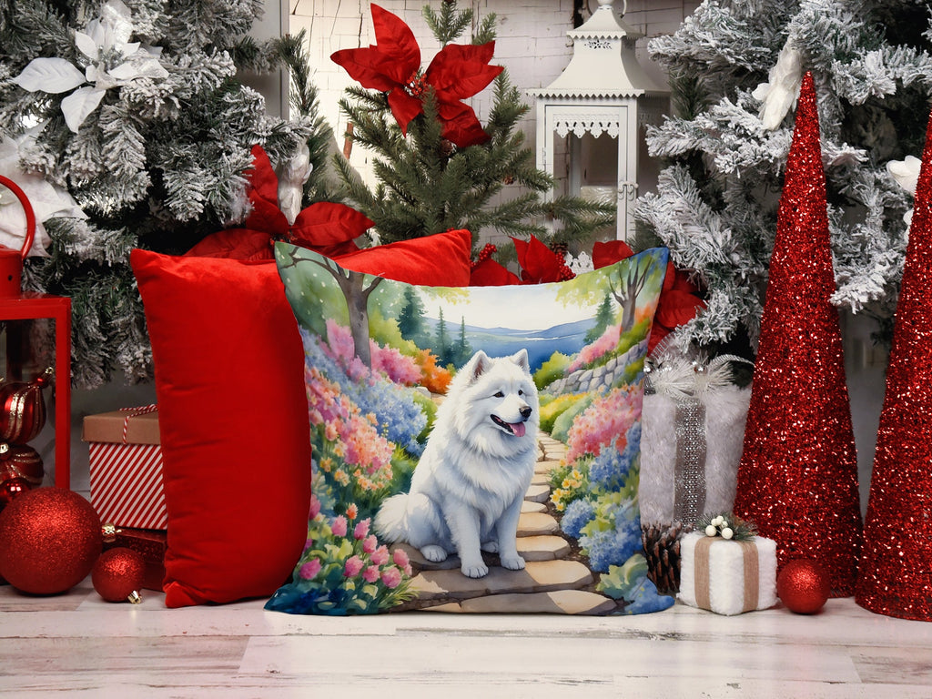 Samoyed Spring Path Decorative Throw Pillow 14x14 Indoor Outdoor Accent Cushion, Fabric Cover with Insert for Sofa, Bed, Porch & Living Room