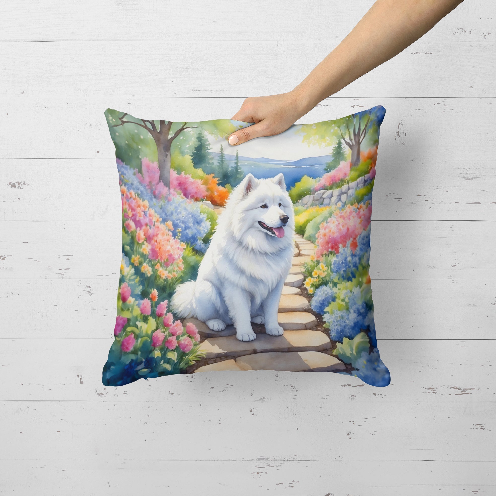 Samoyed Spring Path Decorative Throw Pillow 18x18 Indoor Outdoor Accent Cushion, Fabric Cover with Insert for Sofa, Bed, Porch & Living Room