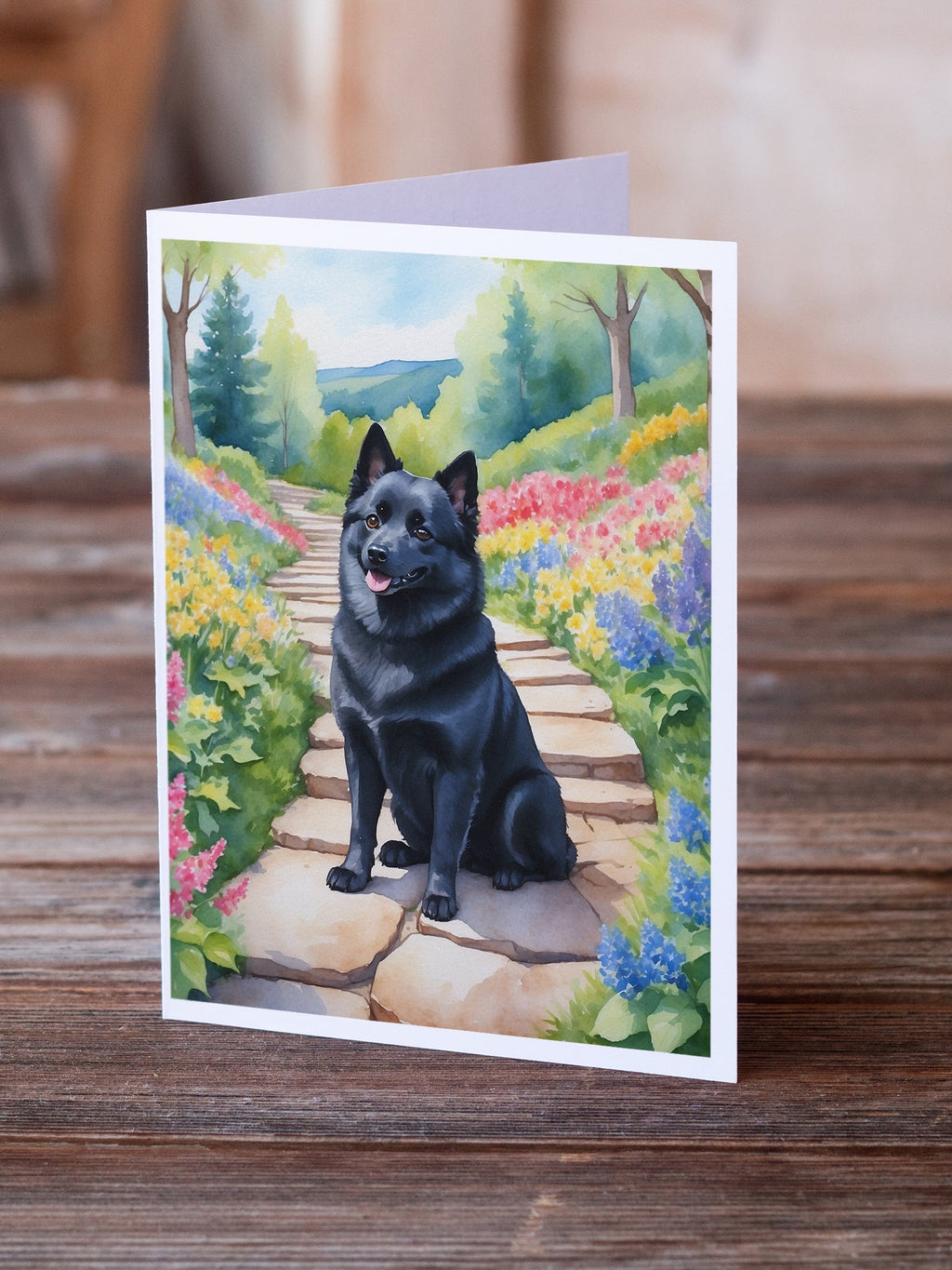 Schipperke Spring Path Greeting Cards Pack of 8 Blank Cards with Envelopes Whimsical A7 Size 5x7