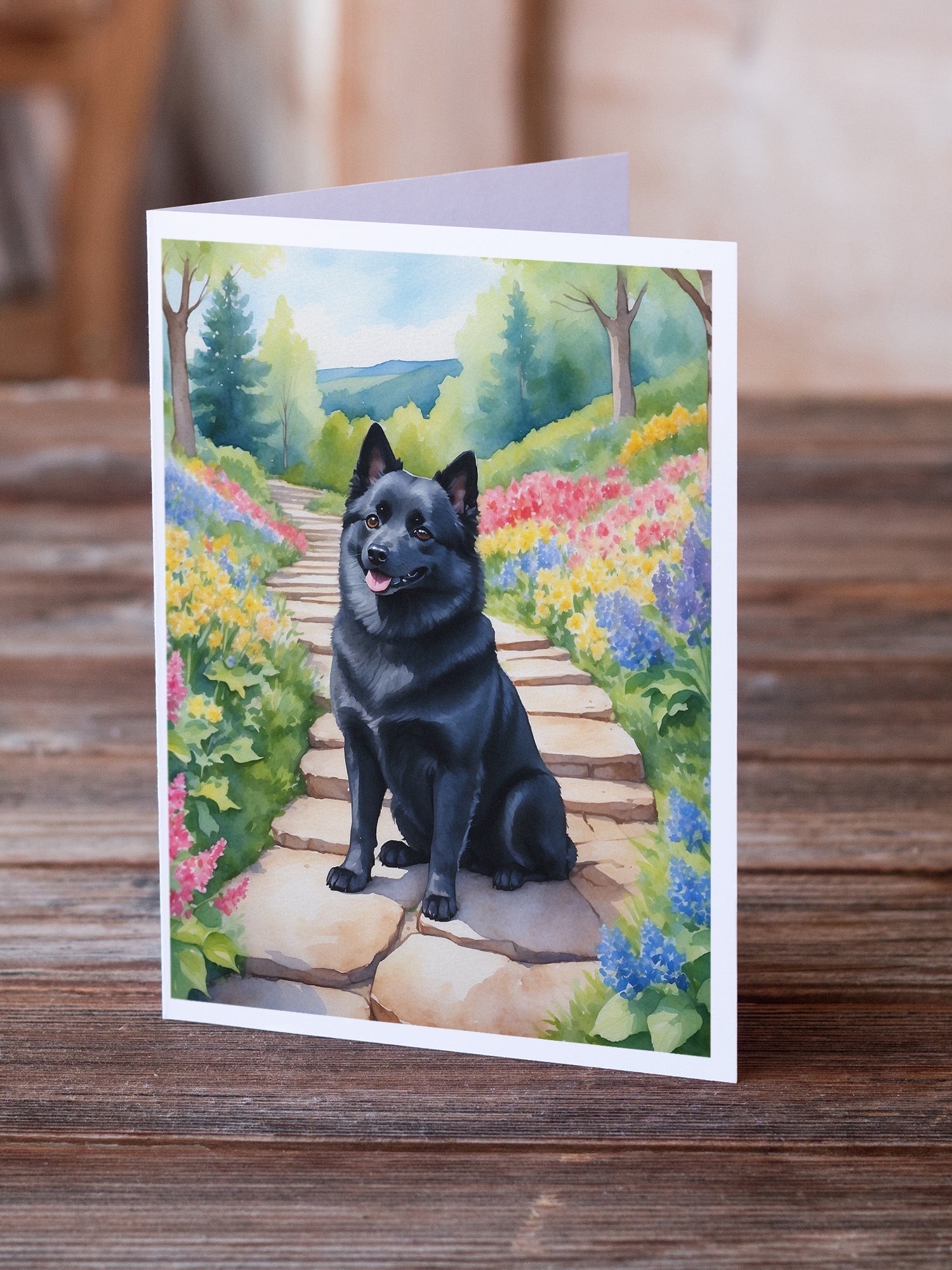 Schipperke Spring Path Greeting Cards Pack of 8 Blank Cards with Envelopes Whimsical A7 Size 5x7