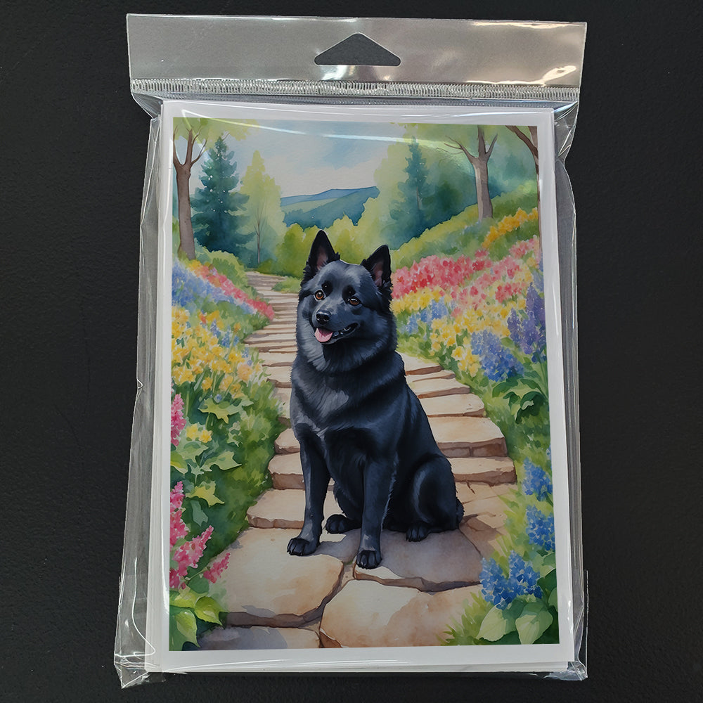 Schipperke Spring Path Greeting Cards Pack of 8 Blank Cards with Envelopes Whimsical A7 Size 5x7