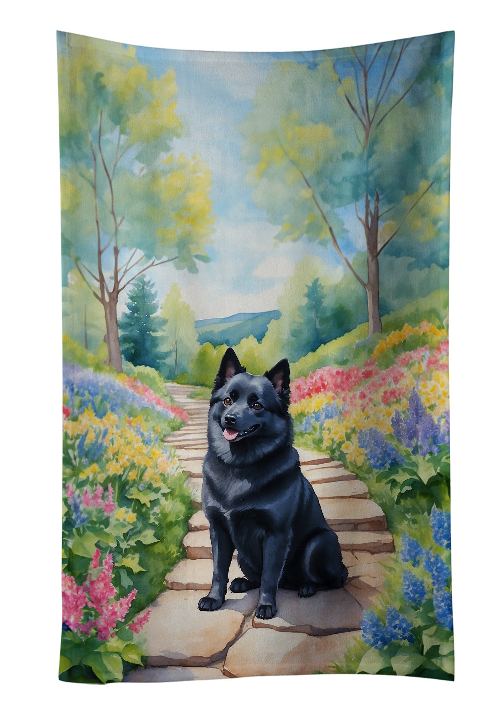 Schipperke Spring Path Kitchen Towel Velour Plush Front and Cotton Loop Back Machine Washable