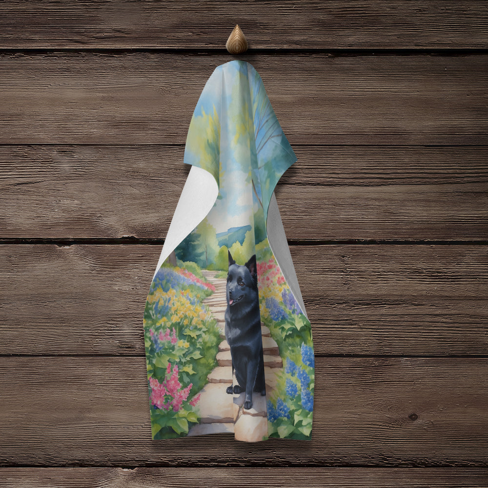 Schipperke Spring Path Kitchen Towel Velour Plush Front and Cotton Loop Back Machine Washable