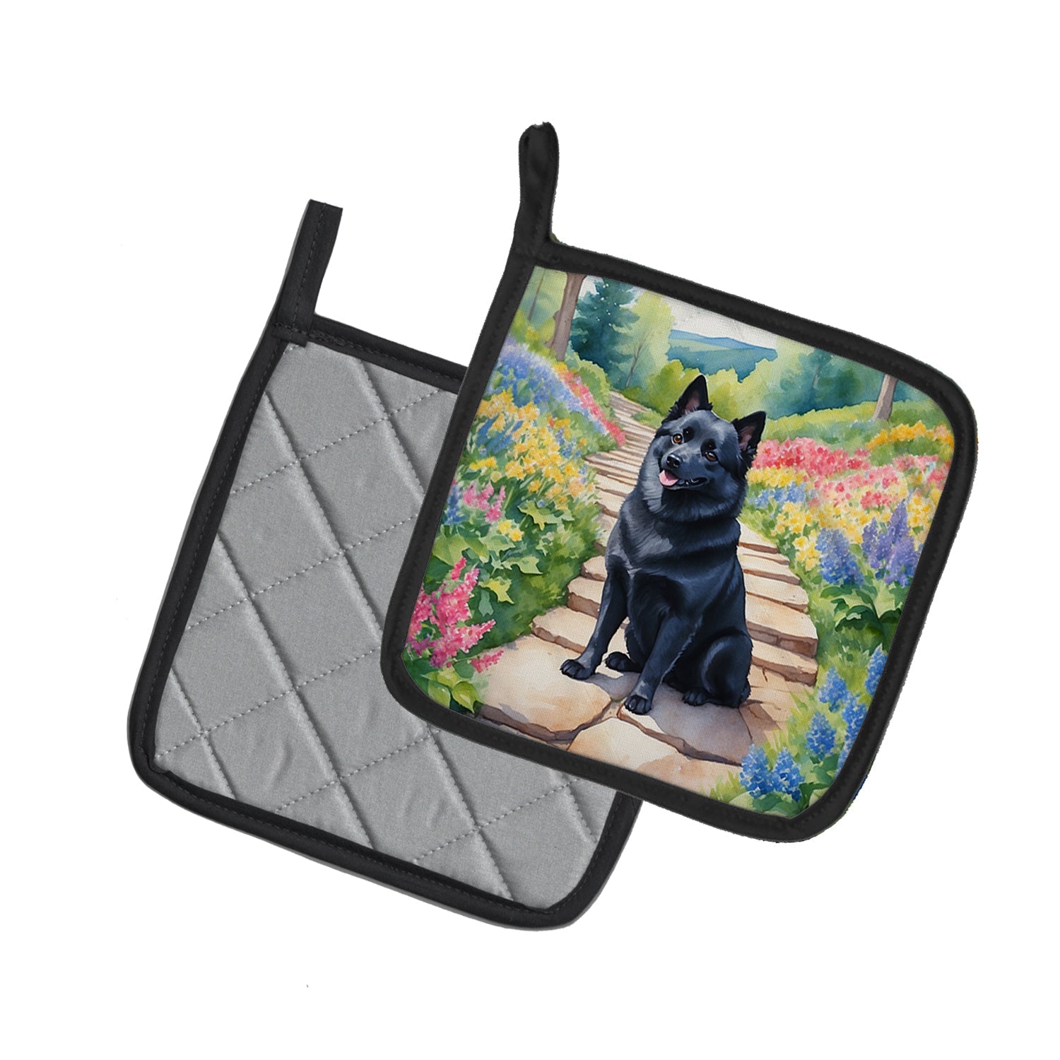Schipperke Spring Path Pot Holder Set of 2 Heat Resistant Quilted Hot Pads 7.5 x 7.5 Inch, Insulated Kitchen Trivets for Cooking & Baking