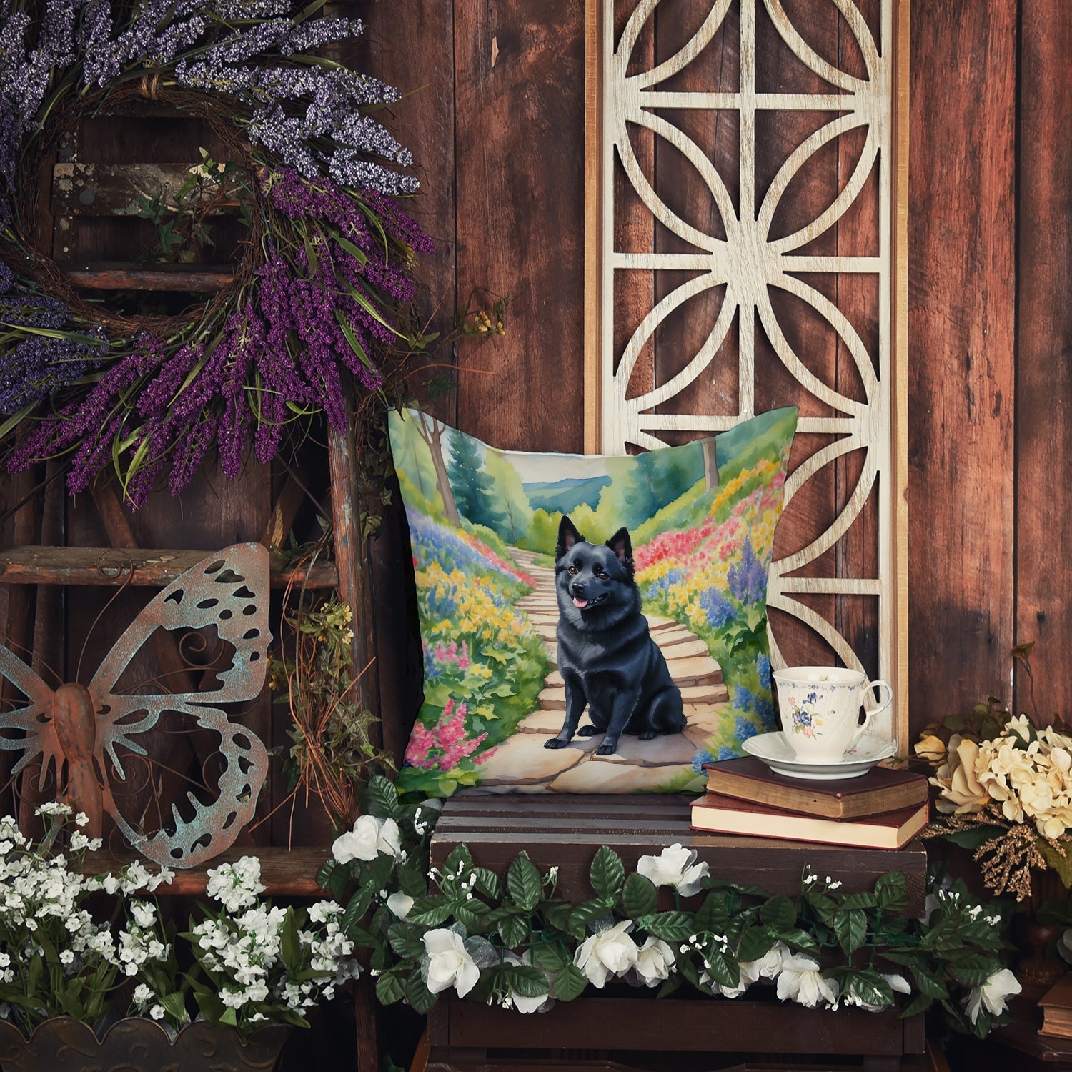 Schipperke Spring Path Decorative Throw Pillow 18x18 Indoor Outdoor Accent Cushion, Fabric Cover with Insert for Sofa, Bed, Porch & Living Room
