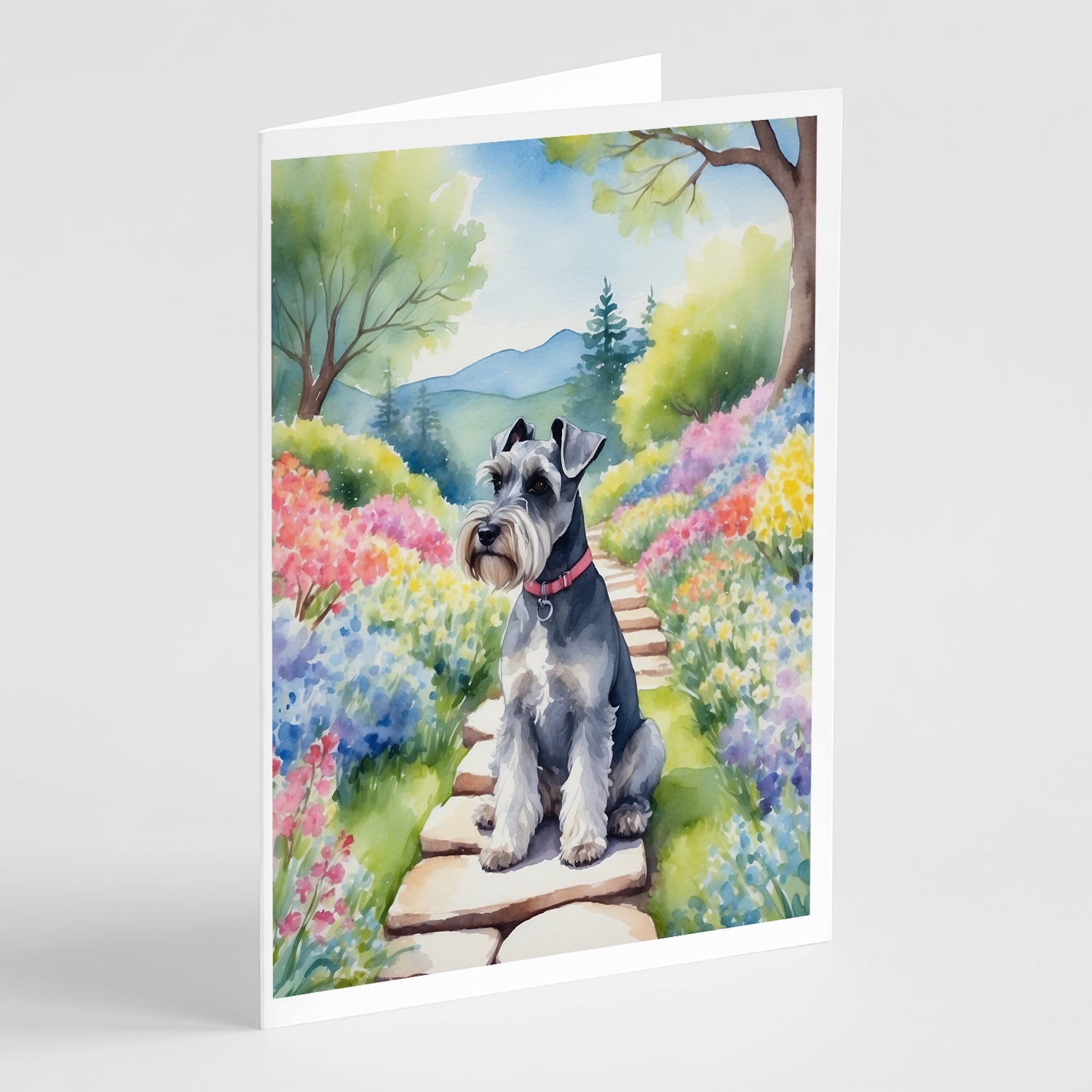 Schnauzer Spring Path Greeting Cards Pack of 8 Blank Cards with Envelopes Whimsical A7 Size 5x7