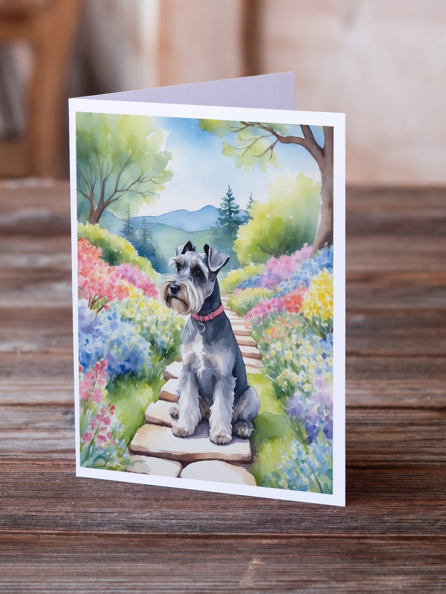Schnauzer Spring Path Greeting Cards Pack of 8 Blank Cards with Envelopes Whimsical A7 Size 5x7